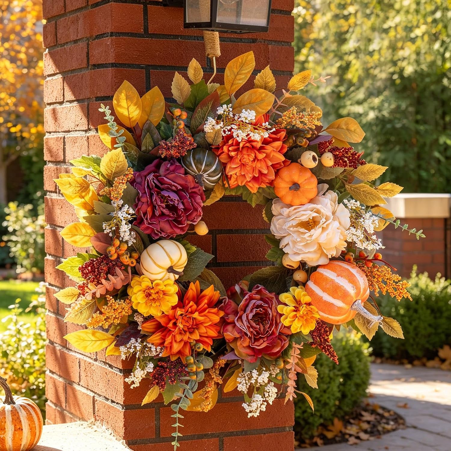 Fall Wreaths for Front Door outside 24 Inch,Rustic Harvest Autumn Wreath | Fall Door Wreath with Pumpkins,Peony,Dahlia,Artificial Silk Autumn Wreath for Indoor & Outdoor Farmhouse Thanksgiving Decor