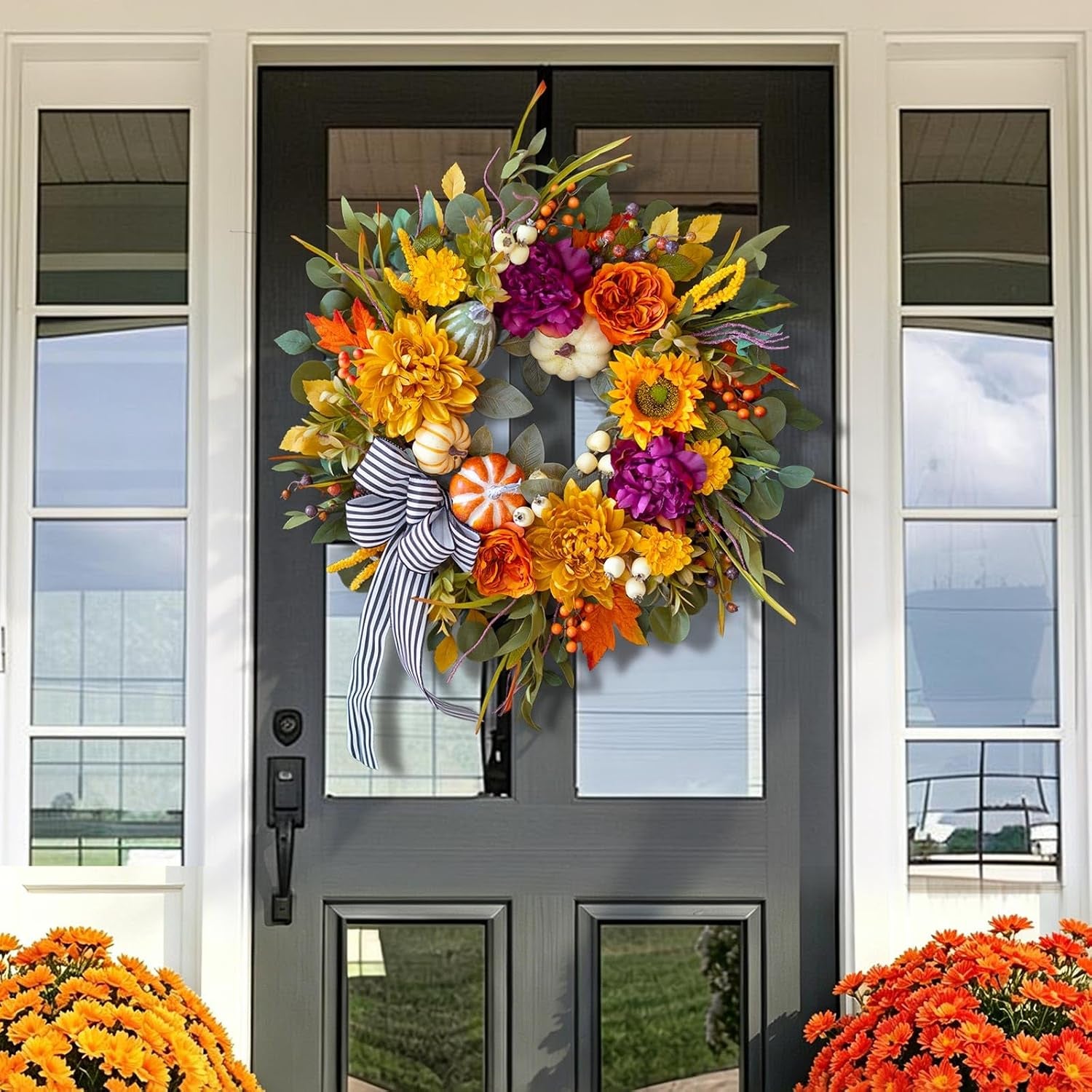 24 Inch Artificial Fall Wreaths for Front Door outside with Striped Bow | Harvest Autumn Wreath with Dahlias,Peony,Sunflowers,Pumpkins- Rustic Farmhouse Thanksgiving & Halloween Seasona Porch Decor