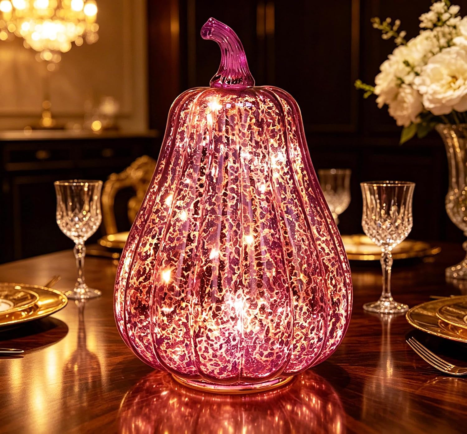 Mercury Glass Pumpkin Lights with Timer Fall Halloween Thanksgiving Decor | Battery Led Pumpkin Lamp Lighted Glass Pumpkin Purple Starry Night Pumpkins Autumn for Home Office Table Porch Decor or Gifts