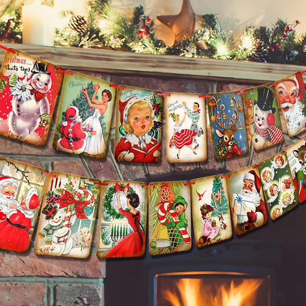 Christmas Decorations Vintage Style Christmas Banner | ,Traditional Victorian X-Mas Bunting, Vintage Style Santa X-Mas Decorations Indoor for Home Office Party Fireplace Mantle