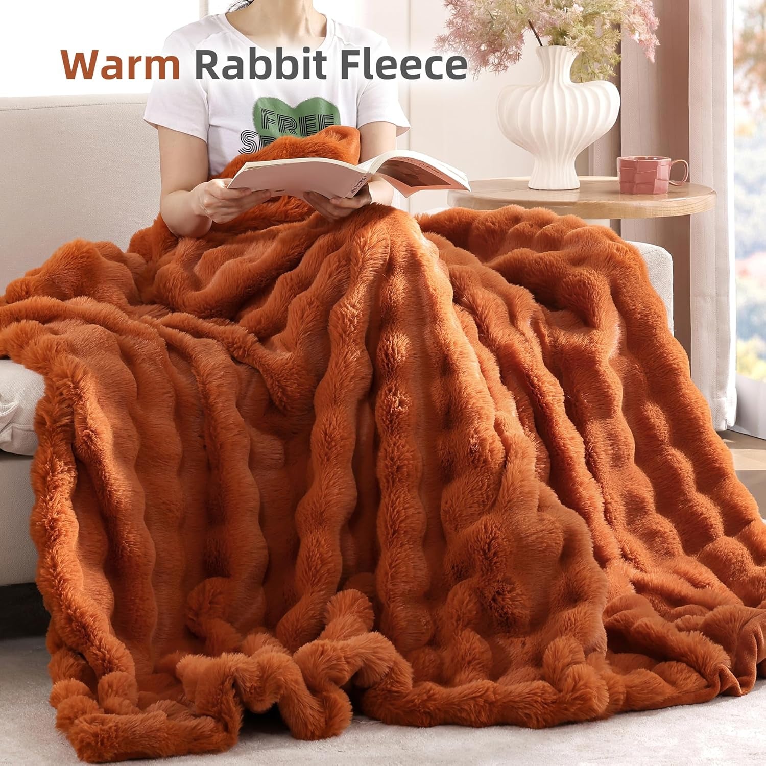 Faux Fur Fall Throw for Couch - Burnt Orange Bubble Blanket 50"X60" | Fluffy Plush Fuzzy Throw for Sofa & Bed, Super Soft Cozy Comfrt Blanket, Luxury Aesthetic Burnt Orange Decor Gift for Women