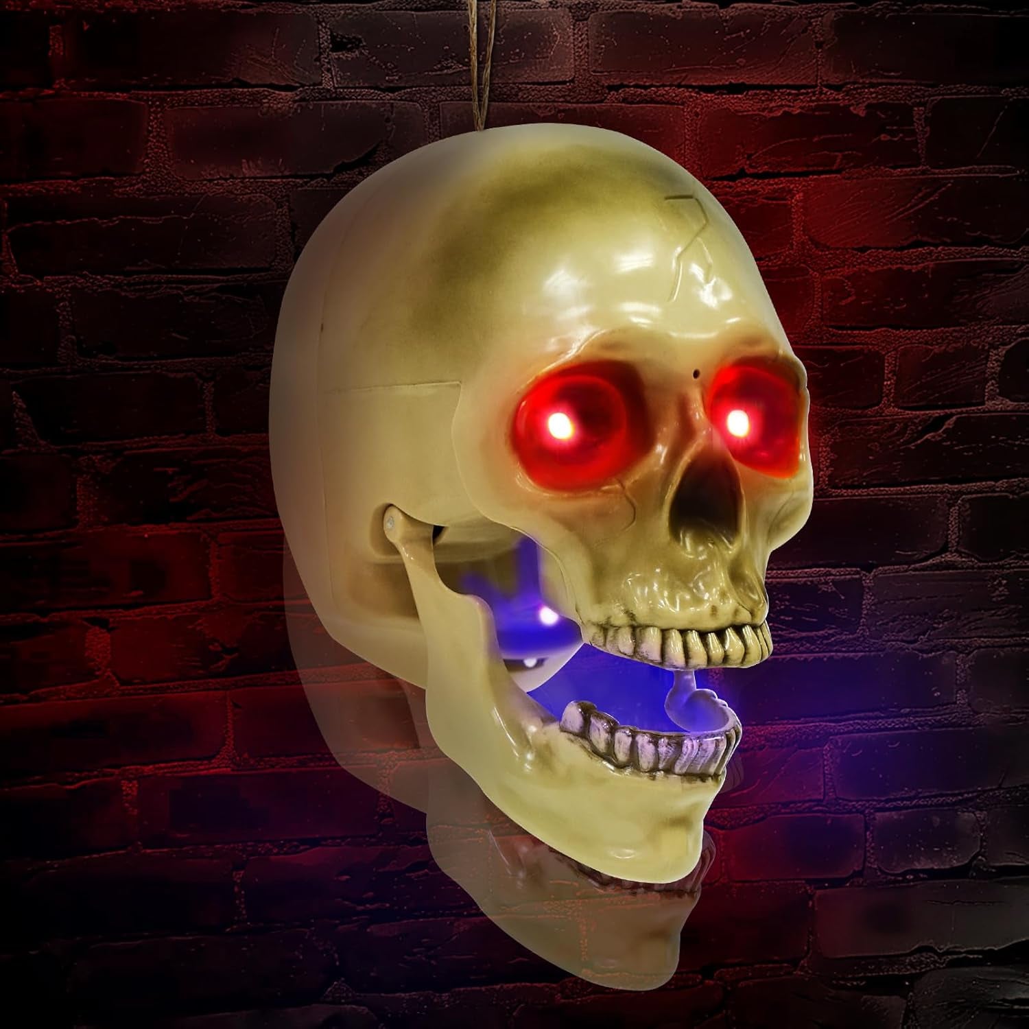 Halloween Animatronic Talking Hanging Skull Head Decorations Outdoor | Sound/Light Sensor Activated, Red Glowing Eyes, Shaking Jaw, Spooky Sounds, Wall Mounted, Indoor/Home, Haunted House/Party