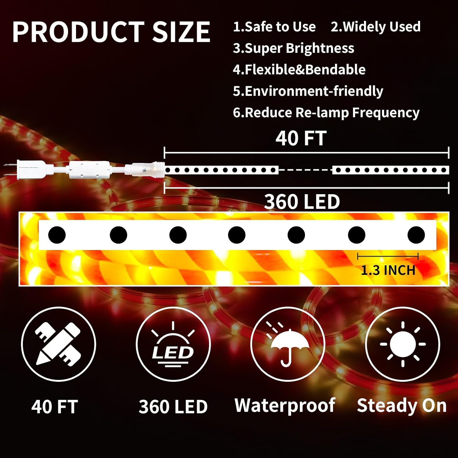 360 LED Christmas Candy Cane Rope Lights, 40FT Waterproof Xmas Tree Light, Connectable Tube Light Plug in for Indoor Outdoor Garden Yard Holiday Wedding Festival Party Decoration