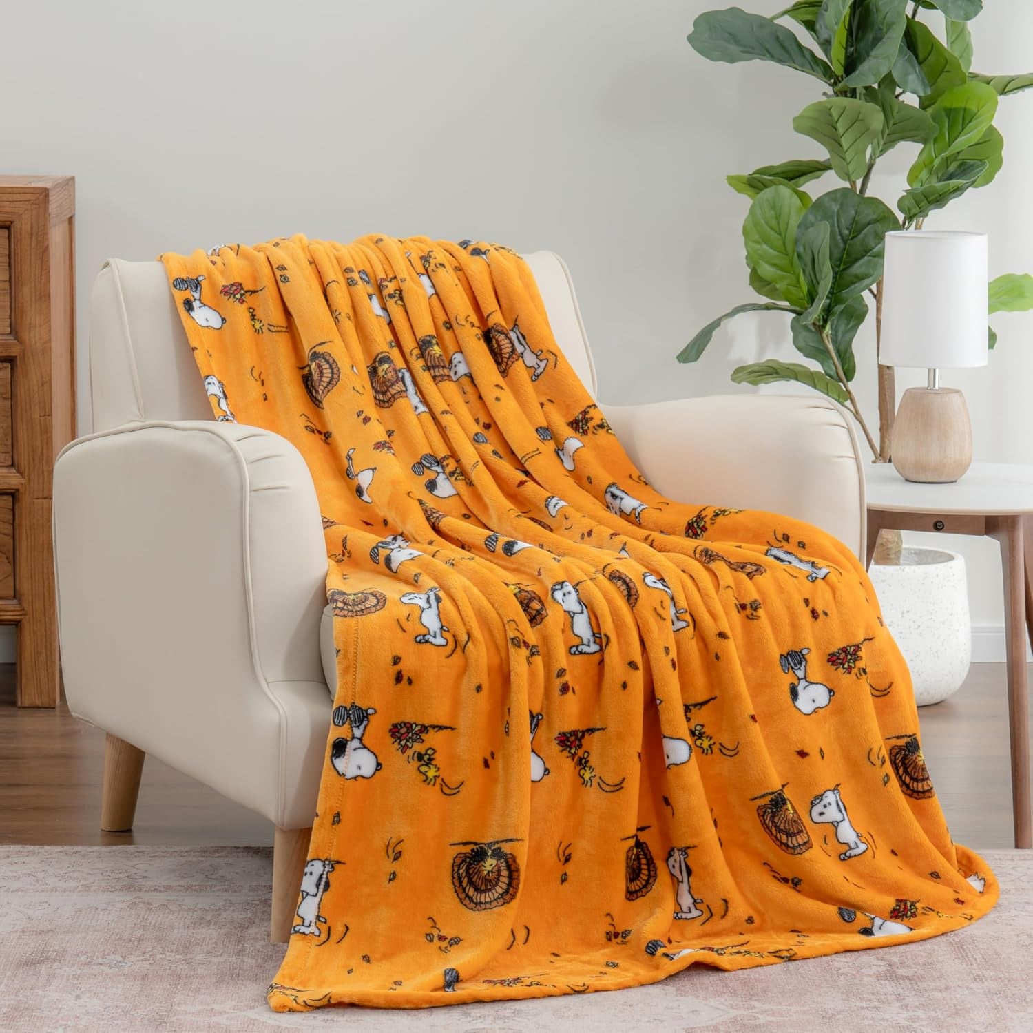 Peanuts® Velvetloft® Cute Character Snoopy Plush Throw Blanket,Snoopy and Woodstock Fall Birds & Leafs Orange,Throw 55 in X 70 in (Official Peanuts® Product)