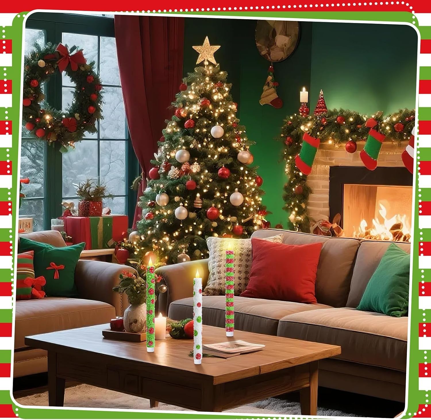 6 Pcs Christmas Flameless Taper Candles 10.6 Inch Elf Theme Candles Battery Operated LED Christmas Candlesticks for Xmas Centerpiece Holiday Party Decor