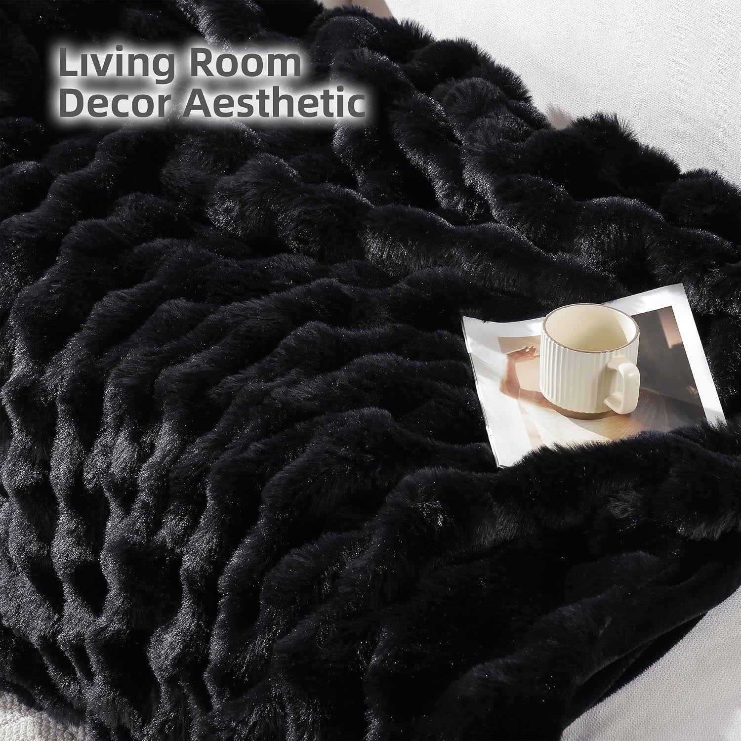 Faux Rabbit Fur Throw for Couch - Black Bubble Blanket 50"X60" | Fluffy Plush Fuzzy Throw for Sofa & Bed, Super Soft Cozy Comfrt Blanket, Luxury Aesthetic Black Decor Gift for Women