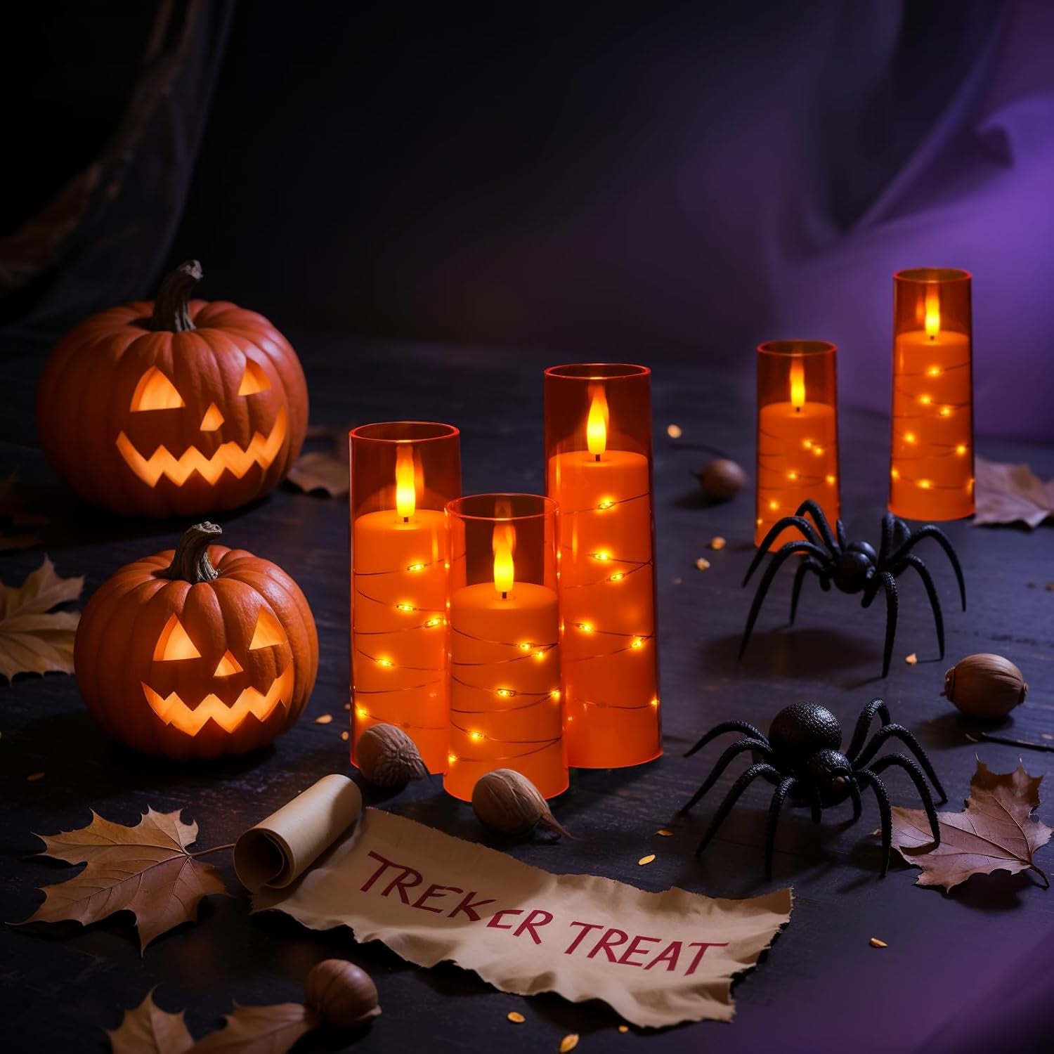 Flameless Candle with Remote Timer – 9 Flickering Acrylic Battery Operated LED Pillar Candles with Embedded Star String for Halloween, Home Decor, and as a Gift (Orange)