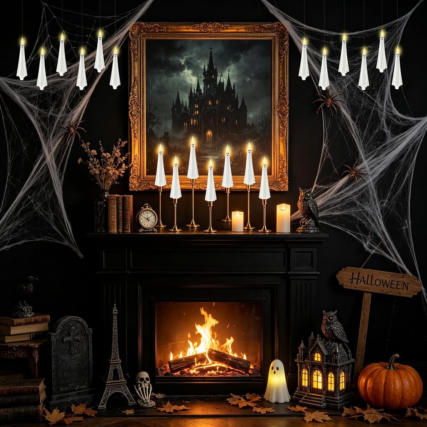 Ghost Flameless Floating Candles with Wand Remote, 12 Pcs Magic Flickering Battery Operated LED Hanging Taper Candles for Halloween Party Decoration(White)