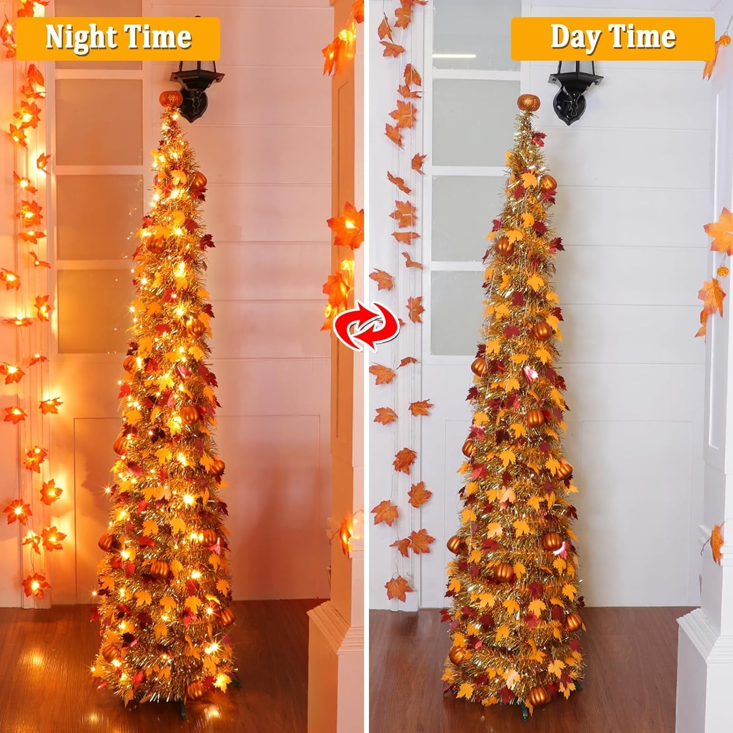 5 FT Fall Tree Fall Decor, Tinsel Maples Tree with 50 Warm White Lights | Orange Pumpkins Battery Operated Lighted Halloween Tree Fall Decorations for Home Harvest Thanksgiving Party Indoor