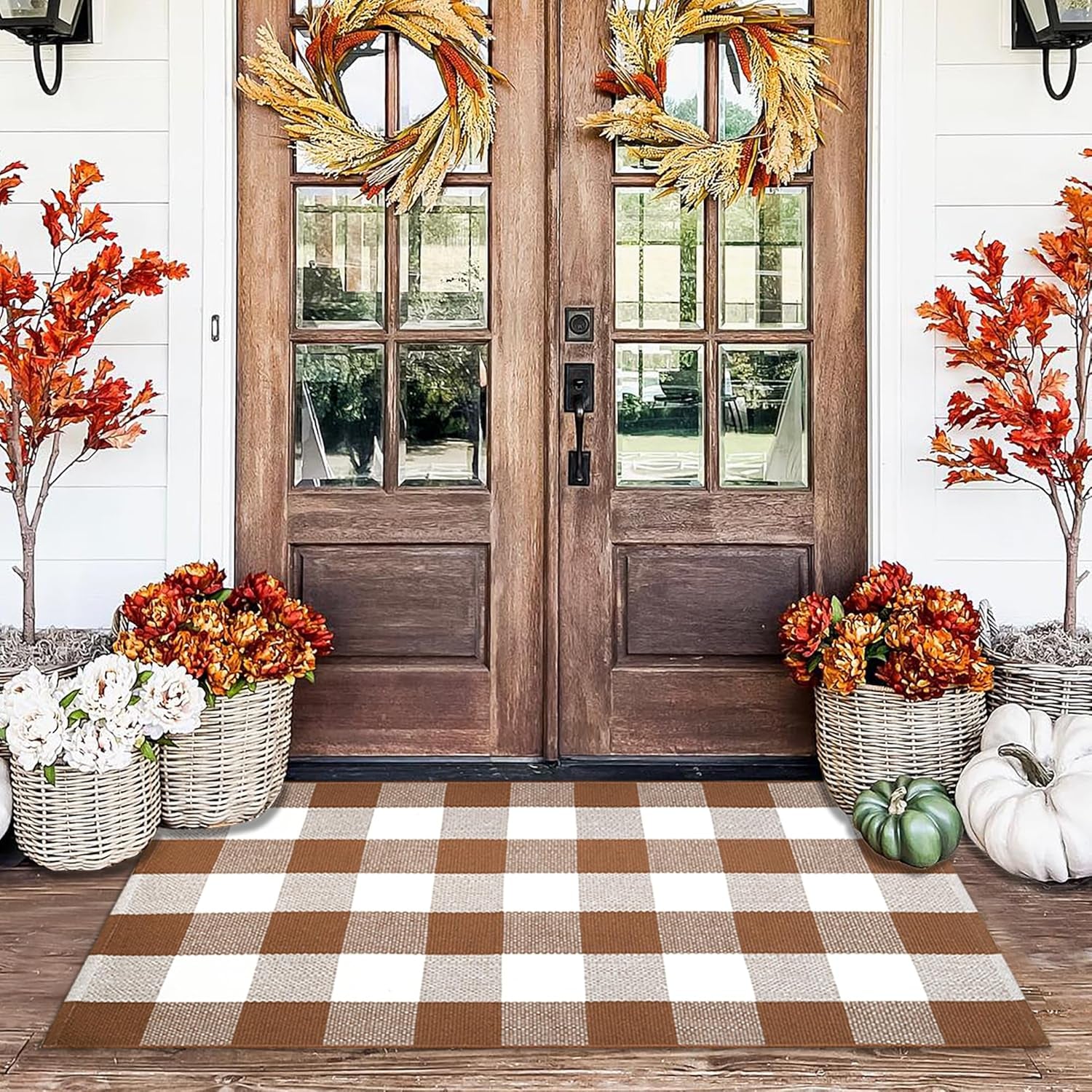 Orange and White Plaid Rug, 3' X 5' Fall Front Door Decor Mat, Cotton Washable Hand-Woven Door Mat for Layered Doormat, Autumn Halloween Thanksgiving Carpet for Porch, Entryway