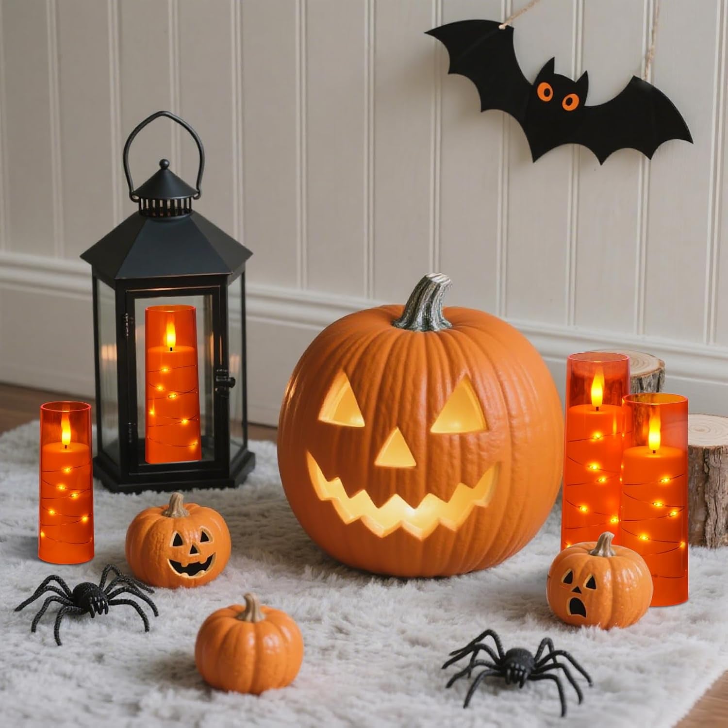 Flameless Candle with Remote Timer – 9 Flickering Acrylic Battery Operated LED Pillar Candles with Embedded Star String for Halloween, Home Decor, and as a Gift (Orange)