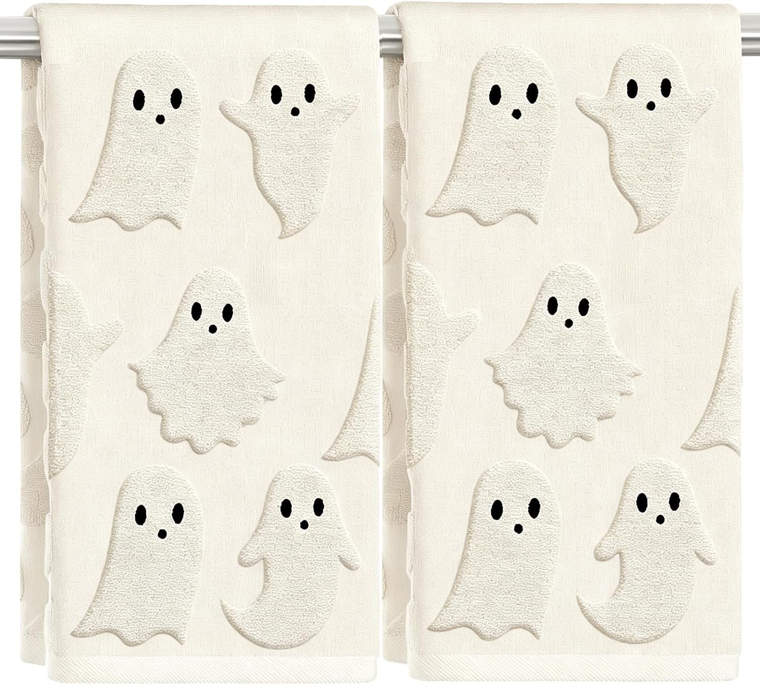 2 Pack Halloween Hand Towels 100% Cotton Jacquard Skeleton Halloween Kitchen Towels White Bathroom Towels Set Seasonal Bathroom Decor(Beige Skeleton, Halloween)