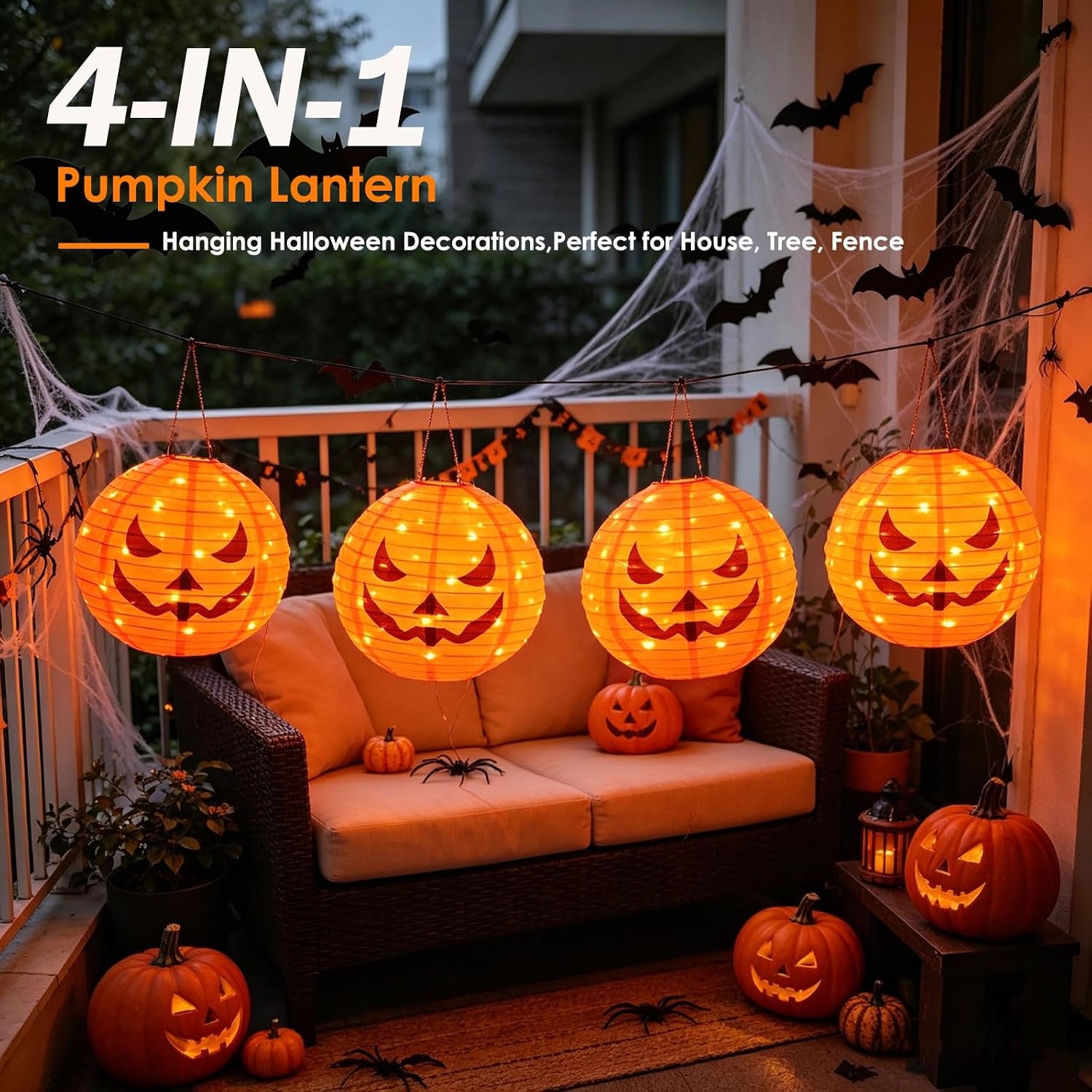 4Pcs Solar Pumpkin Lights Outdoor Hanging Halloween Decorations | 12-Inch Jack O Lantern, 160 Leds & 8 Modes, Waterproof Outdoor Halloween Lights for Yard Porch Trick-Or-Treat Party