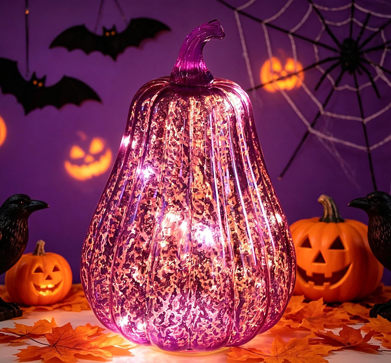 Mercury Glass Pumpkin Lights with Timer Fall Halloween Thanksgiving Decor | Battery Led Pumpkin Lamp Lighted Glass Pumpkin Purple Starry Night Pumpkins Autumn for Home Office Table Porch Decor or Gifts