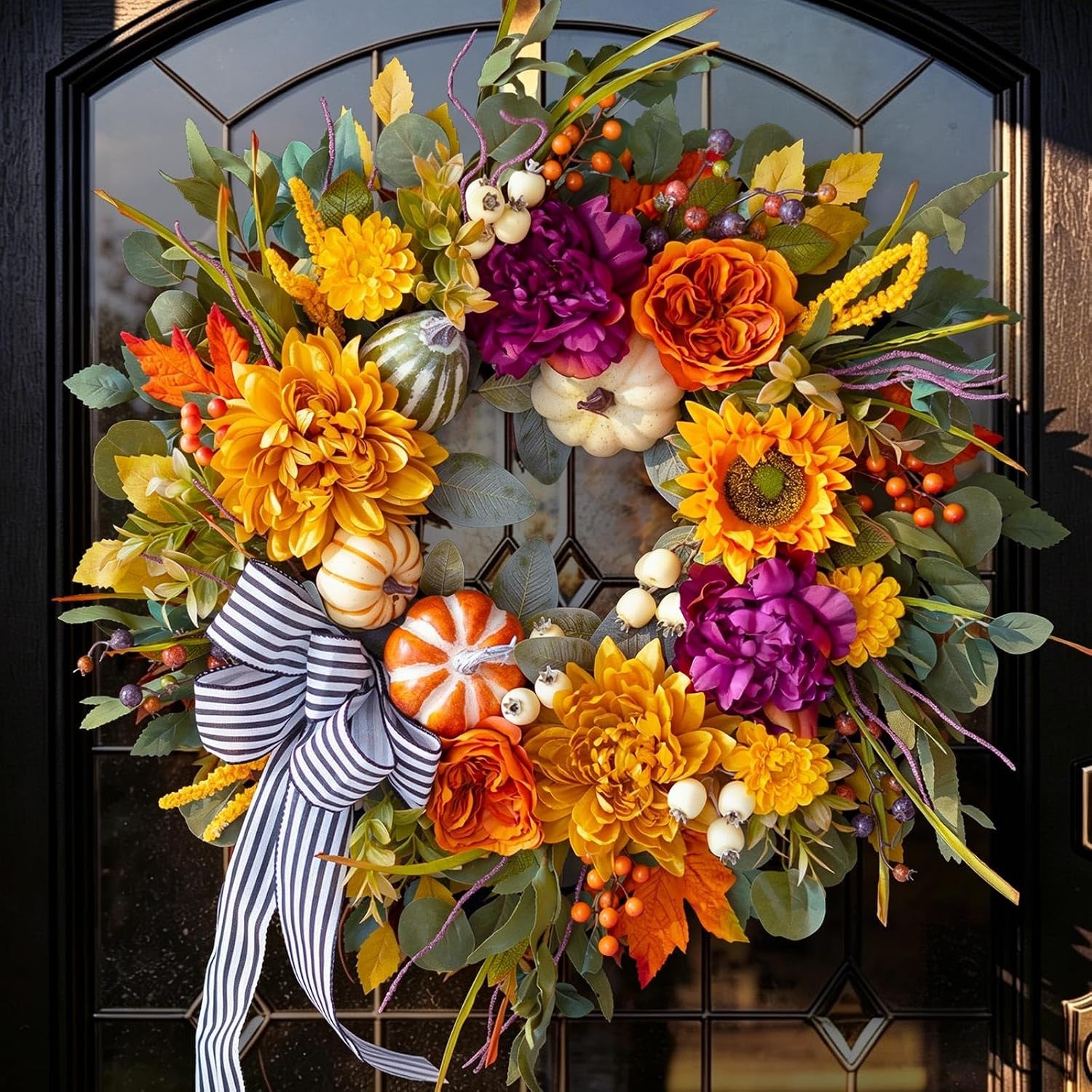 24 Inch Artificial Fall Wreaths for Front Door outside with Striped Bow | Harvest Autumn Wreath with Dahlias,Peony,Sunflowers,Pumpkins- Rustic Farmhouse Thanksgiving & Halloween Seasona Porch Decor