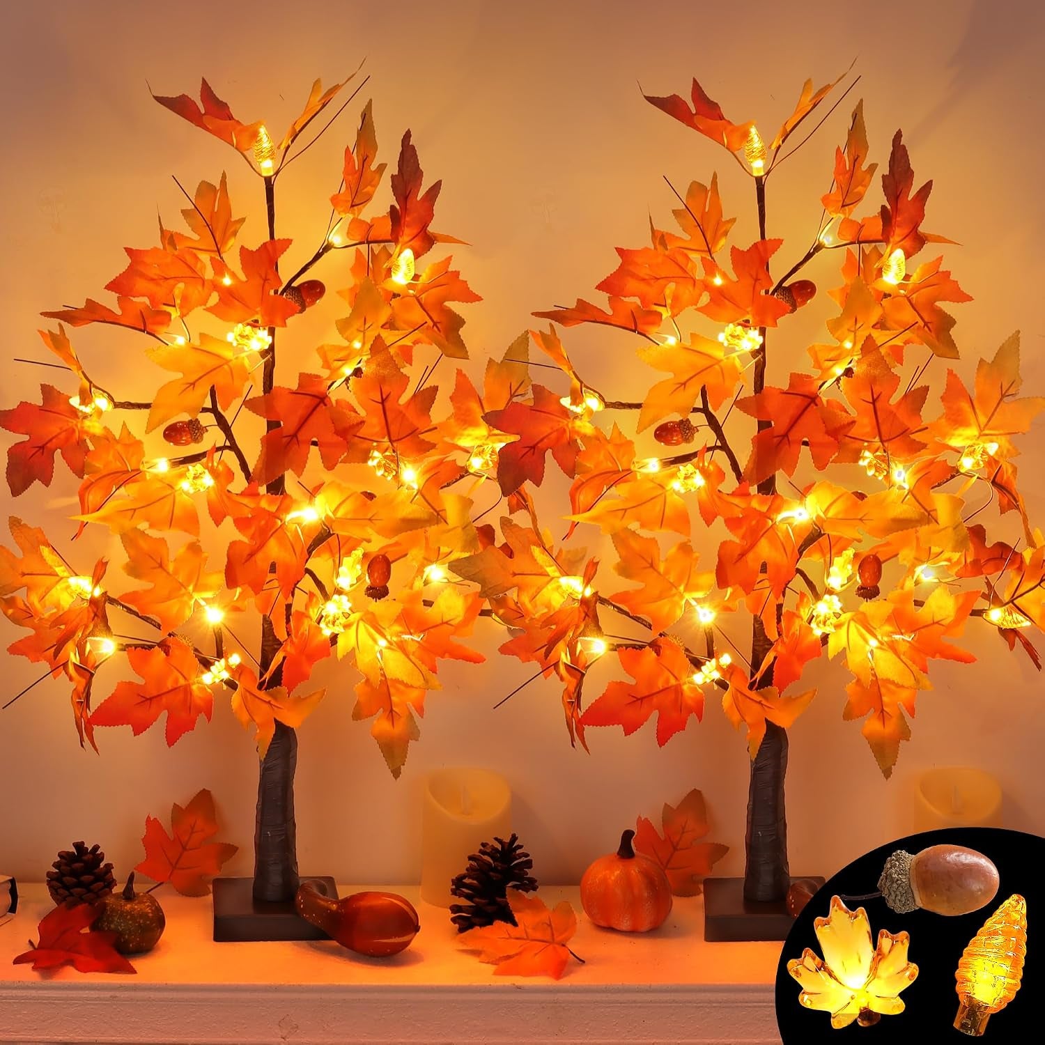 2 Pack 24 Inch Prelit Fall Maple Tree Fall Thanksgiving Decorations with 48 Leds Battery Operated Timer Lighted Acorn Maple Artificial Tabletop Light up Tree for Home Indoor Thanksgiving Table Decor