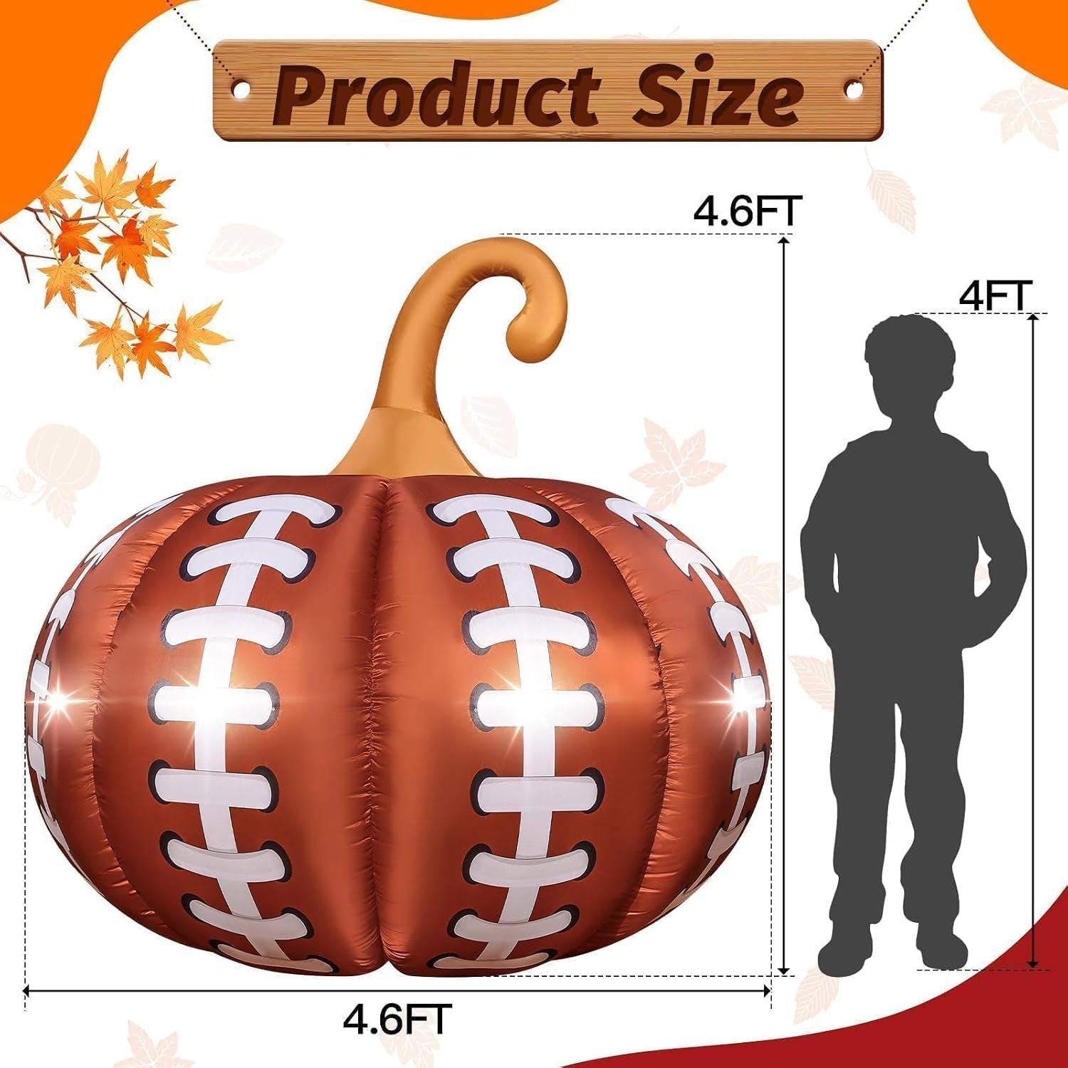 4.6FT Inflatable Pumpkin Outdoor Decorations Football Inflatables Pumpkins Built-In 4 LED Lights Fall Giant Blow up Pumpkin for Halloween Decor Football Sport Fans Party Garden Yard Lawn