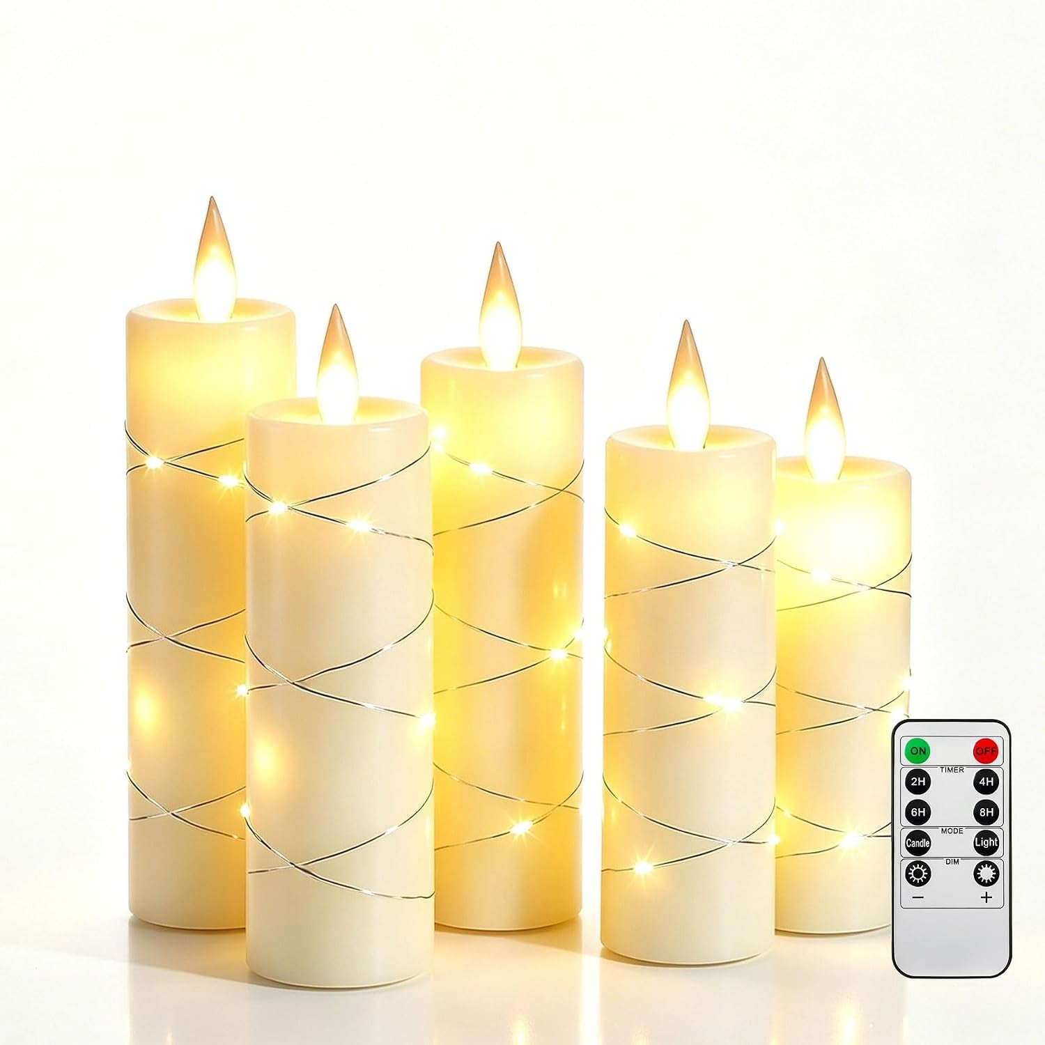 5 Pack Red Real Wax Flameless Taper Candles, Lifelike Flickering LED Candles with Copper String Lights, Battery Operated Candles with Remote for Holiday Wedding Home Decor