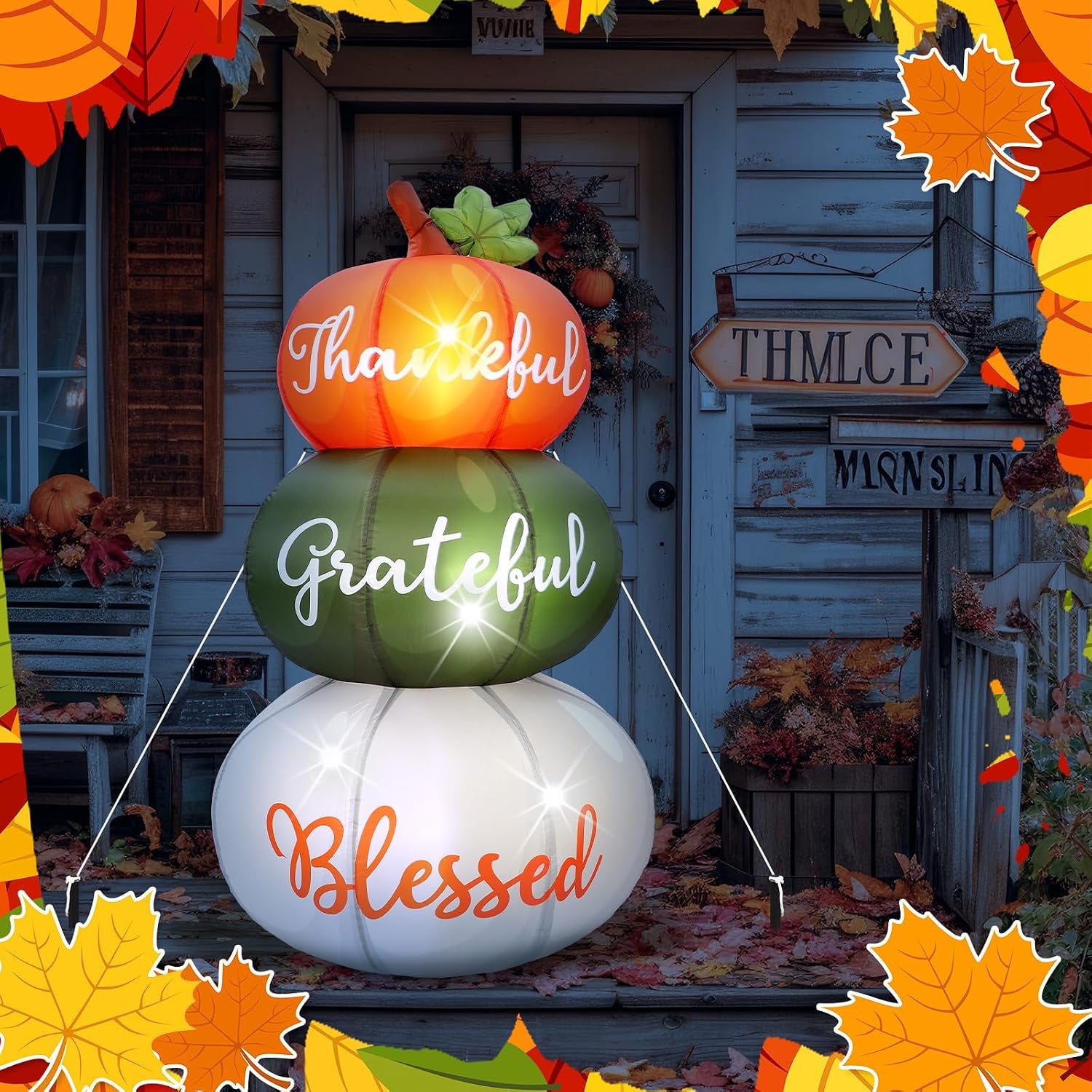 6.4Ft Thanksgiving Inflatable Stacked Pumpkins with LED, Yard Decor | Built-In LED, Thankful Grateful Blessed Design, Weather Resistant, Stakes Tethers Include, Lawn, Garden, Porch, Harvest Decor