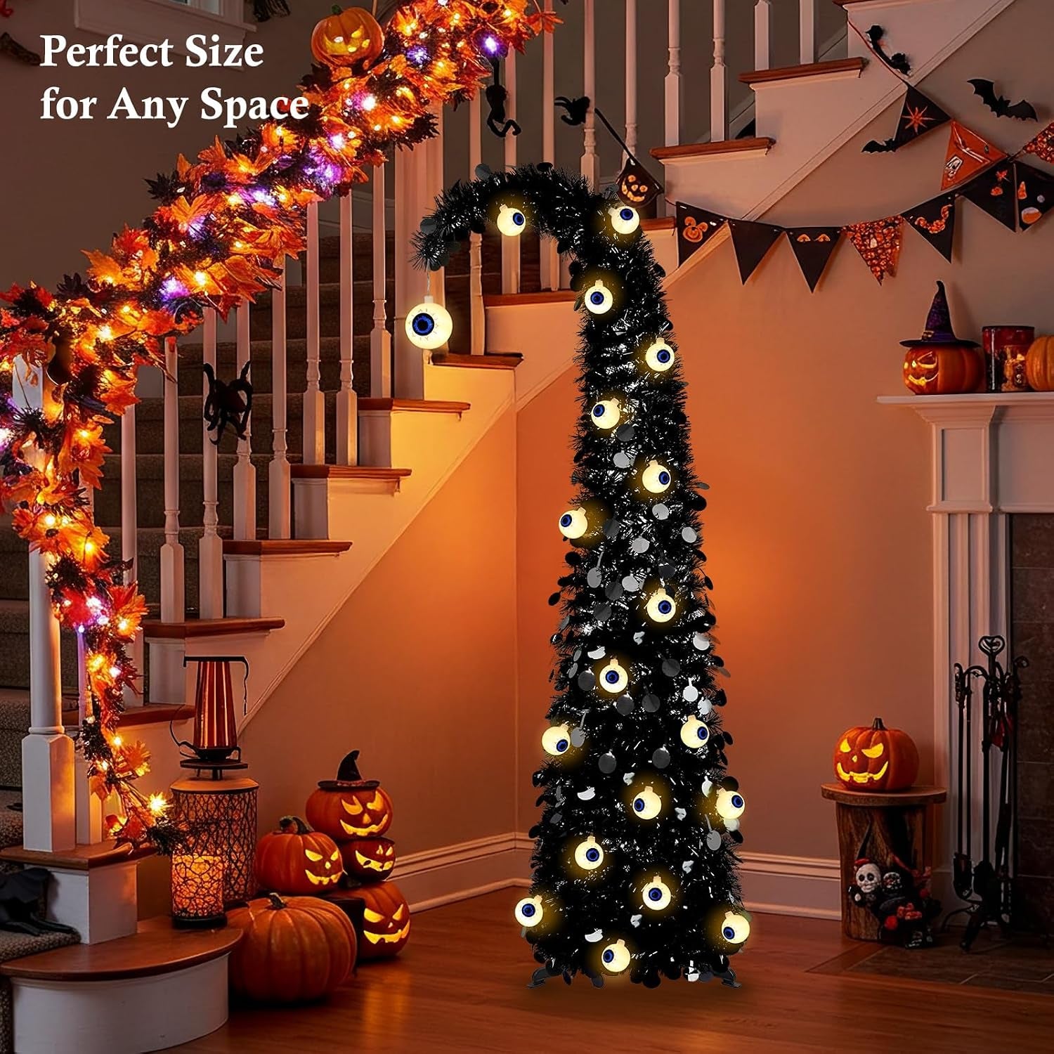 5FT Black Halloween Pop up Christmas Tree with Eyeball String Lights | Whimsical Curved Tinsel Tree, 30 Warm White Eyeball Lights, 6H Timer, Foldable Design; Apartment, Porch, Party, XMAS Decor
