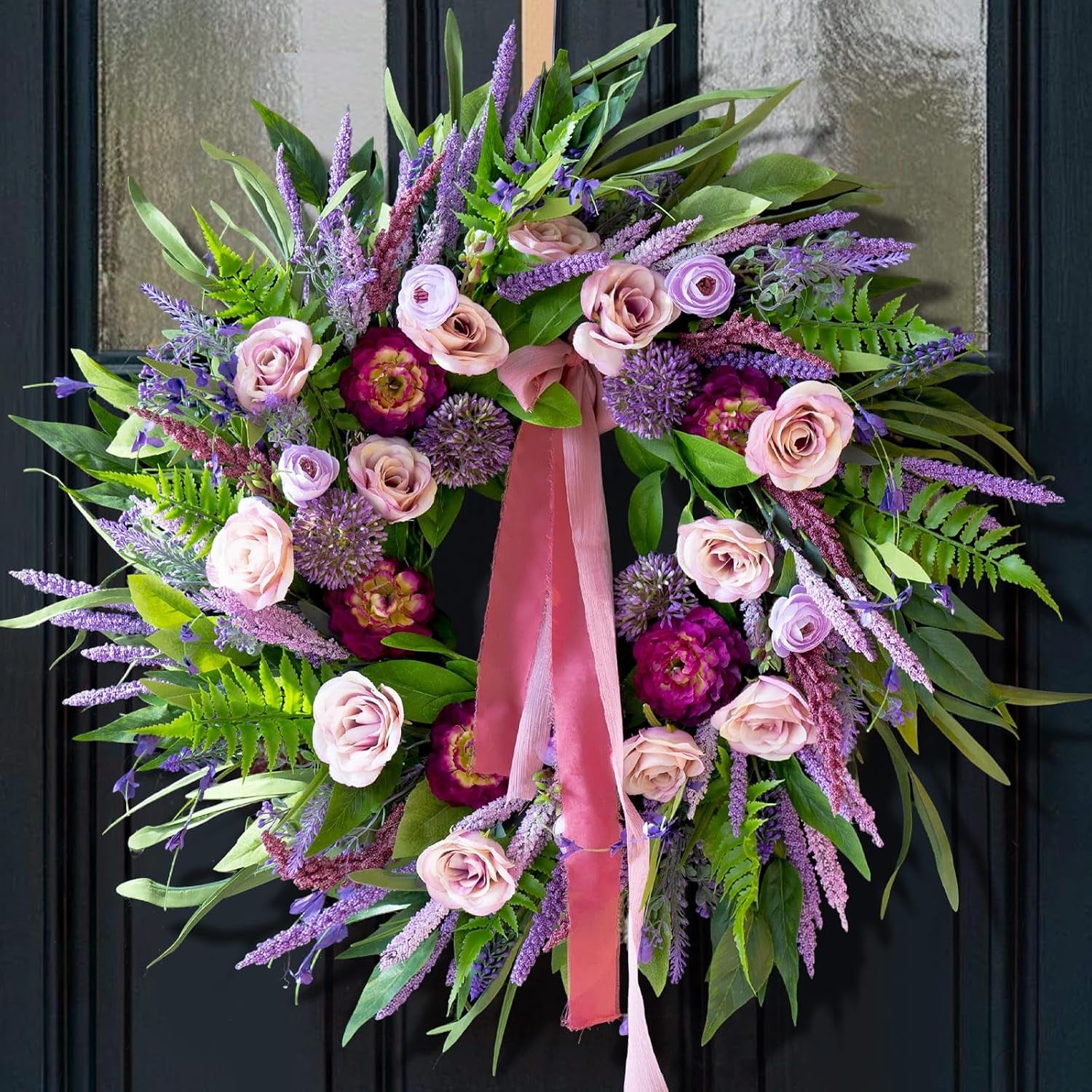 24 Inch Artificial Fall Wreaths for Front Door outside with Striped Bow | Harvest Autumn Wreath with Dahlias,Peony,Sunflowers,Pumpkins- Rustic Farmhouse Thanksgiving & Halloween Seasona Porch Decor