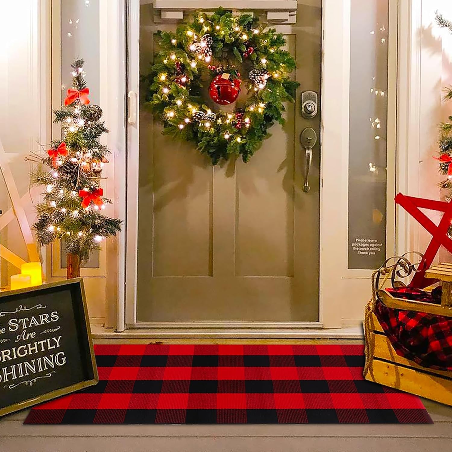 Orange and White Plaid Rug, 3' X 5' Fall Front Door Decor Mat, Cotton Washable Hand-Woven Door Mat for Layered Doormat, Autumn Halloween Thanksgiving Carpet for Porch, Entryway