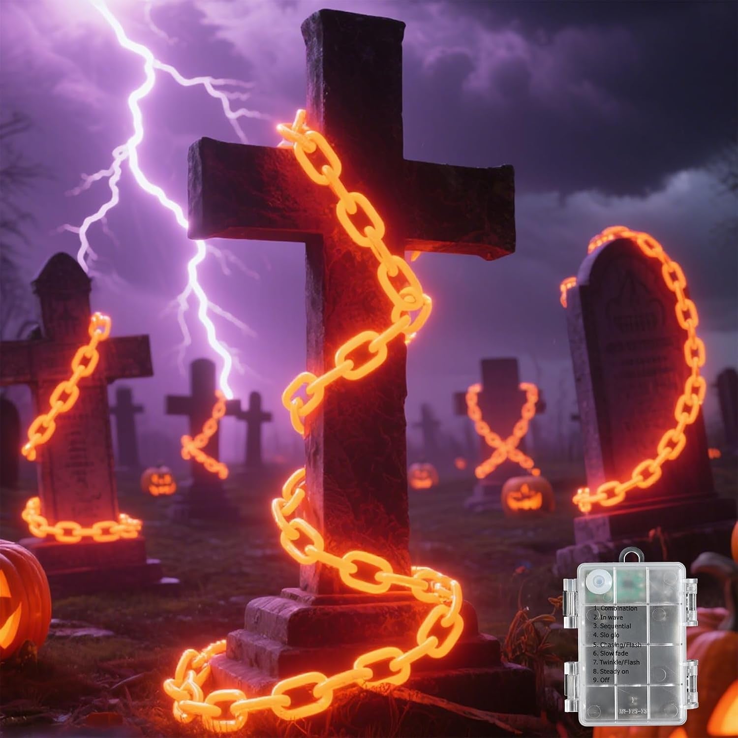 10Ft Purple Halloween Chain Lights Battery Operated with Timer, 8 Modes Halloween Decorations Indoor Outdoor, Waterproof Lighted Plastic Chains for Haunted House Party Cosplay Props Skeleton Dog