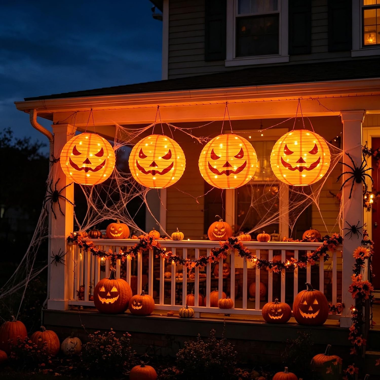 4Pcs Solar Pumpkin Lights Outdoor Hanging Halloween Decorations | 12-Inch Jack O Lantern, 160 Leds & 8 Modes, Waterproof Outdoor Halloween Lights for Yard Porch Trick-Or-Treat Party