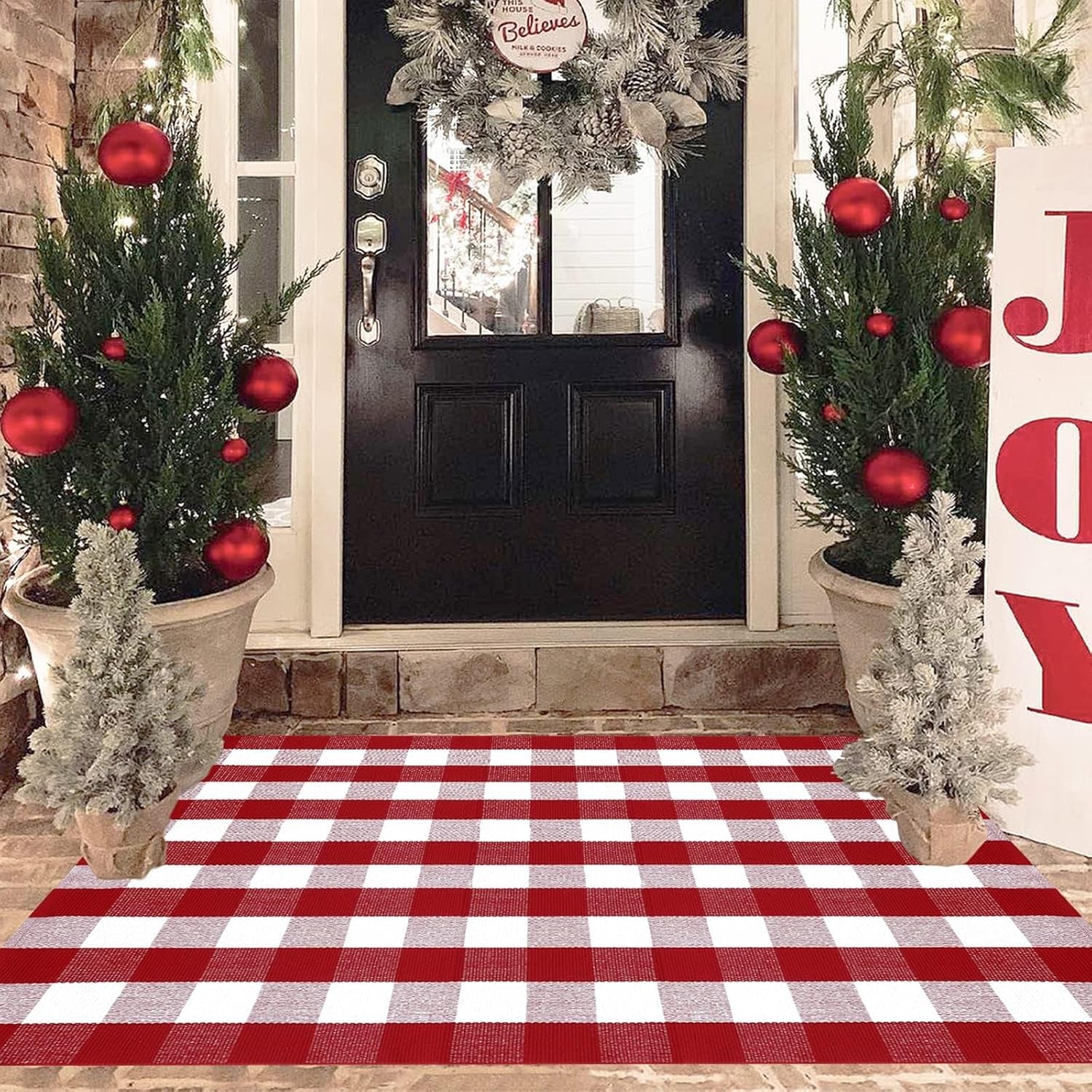 Orange and White Plaid Rug, 3' X 5' Fall Front Door Decor Mat, Cotton Washable Hand-Woven Door Mat for Layered Doormat, Autumn Halloween Thanksgiving Carpet for Porch, Entryway