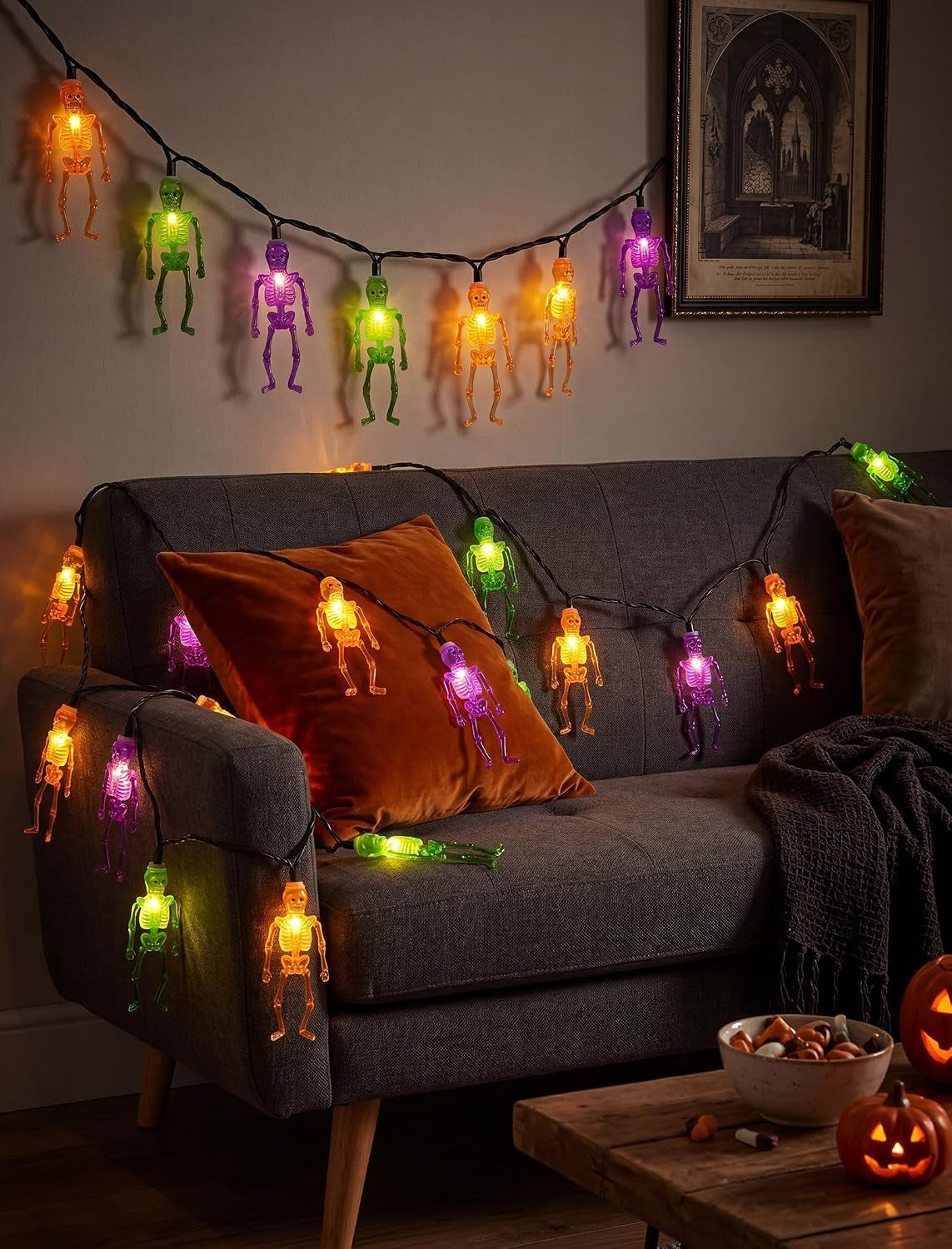 8.5FT 10 LED Outdoor Halloween Skeleton String Lights Plug In, Waterproof | Connectable, Hanging Multicolor Halloween Skull Lights UL Listed for Indoor Backyard, Patio, Porch, Party Decor, Black Wire