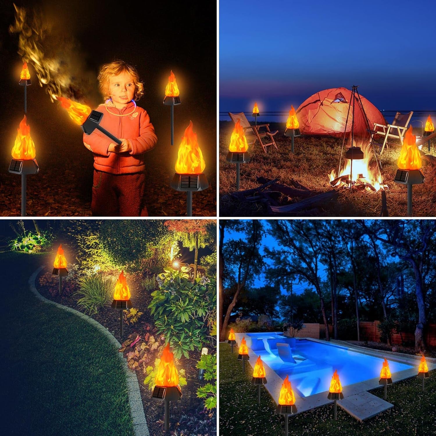 Solar Outdoor Torch Lights with Flickering Flame, Solar Pathway Decorative Lights, Waterproof LED Flame Torches for Outdoor Camping Garden Landscape Patio Path Yard Decorations - 4 Pack