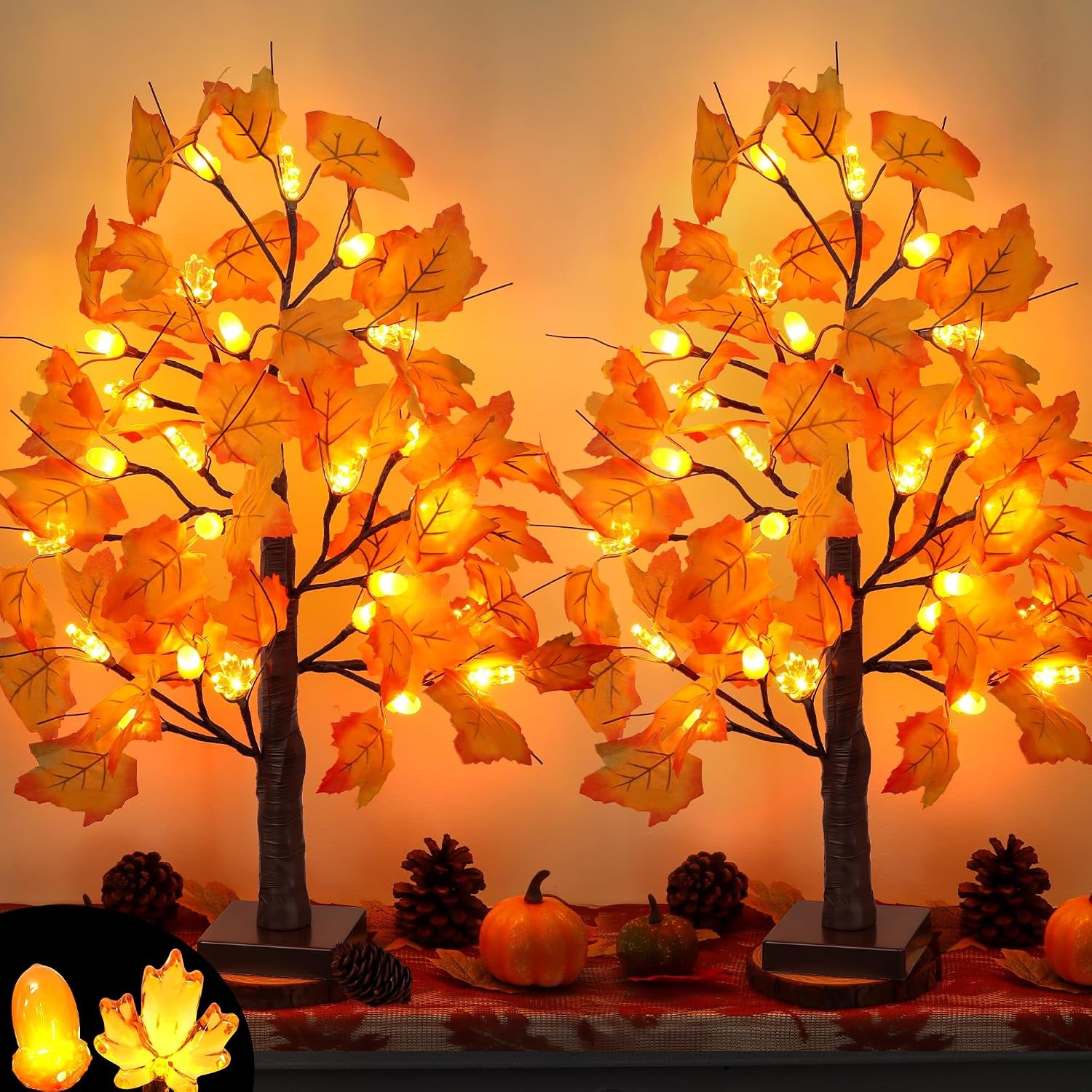2 Pack 24 Inch Prelit Fall Maple Tree Fall Thanksgiving Decorations with 48 Leds Battery Operated Timer Lighted Acorn Maple Artificial Tabletop Light up Tree for Home Indoor Thanksgiving Table Decor