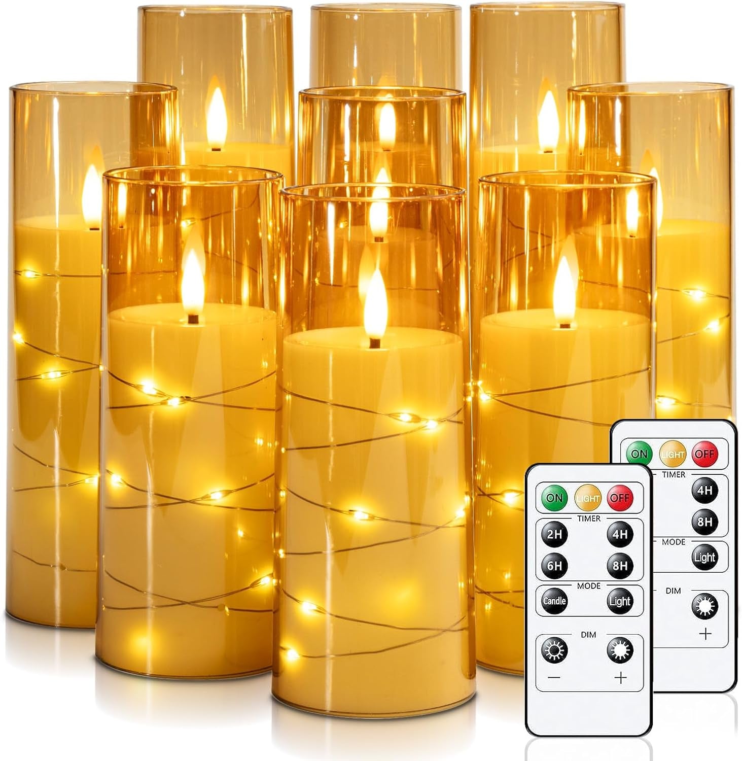Flameless Candle with Remote Timer – 9 Flickering Acrylic Battery Operated LED Pillar Candles with Embedded Star String for Halloween, Home Decor, and as a Gift (Orange)