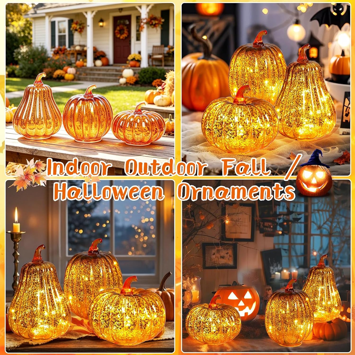 Mercury Glass Pumpkin Lights Fall Porch Decorations Halloween Holiday Gift | Light up Glass Pumpkins with Timer Autumn Thanksgiving Indoor/Outdoor Decor,3Pcs Starry Night Pumpkin for Tabletop