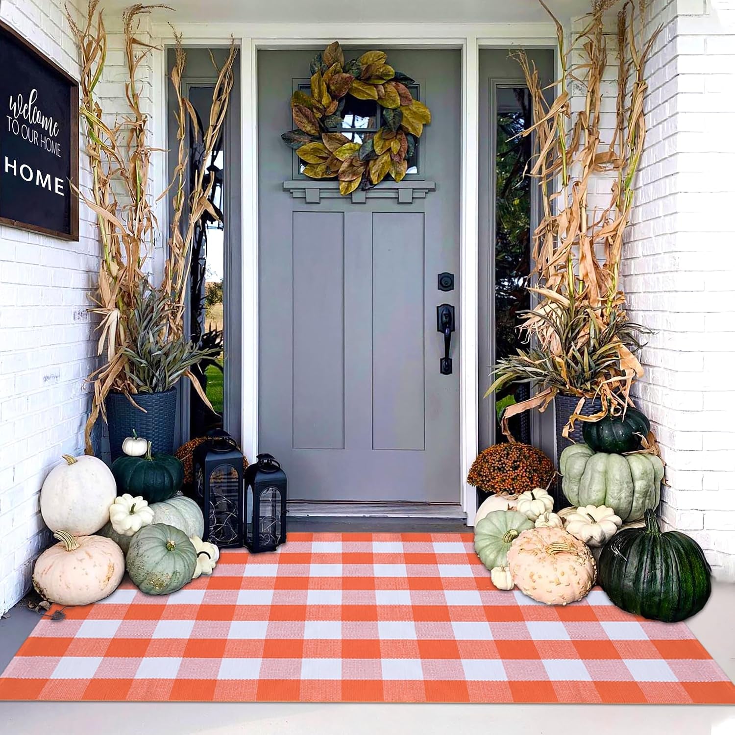Orange and White Plaid Rug, 3' X 5' Fall Front Door Decor Mat, Cotton Washable Hand-Woven Door Mat for Layered Doormat, Autumn Halloween Thanksgiving Carpet for Porch, Entryway