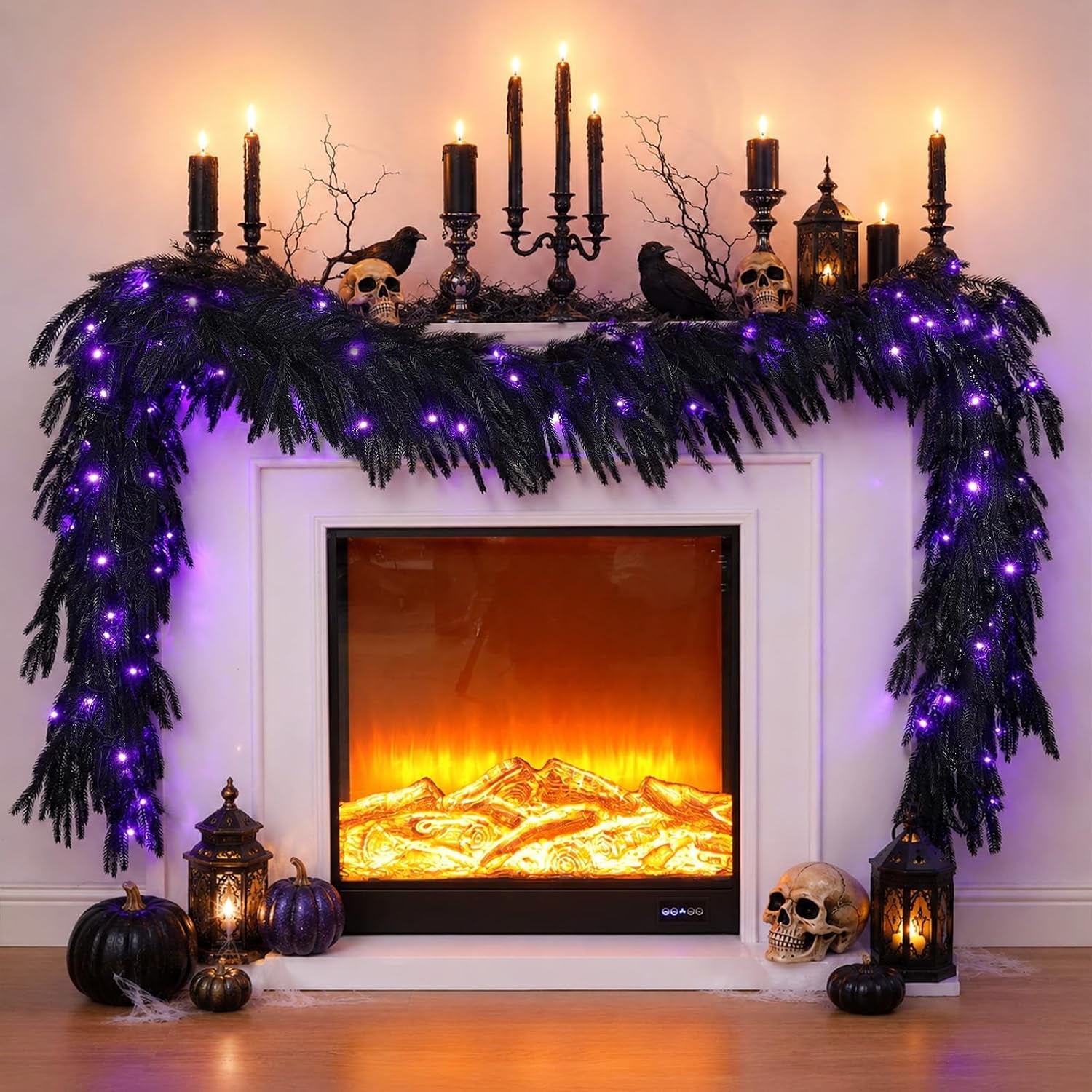 9FT Christmas Norfolk Pine Pre-Lit Garland with 70 LED Lights Real Touch Prelit Garland Christmas Greenery Garlands for Table Mantle Fireplace Stairs Indoor Outdoor Xmas Decorations