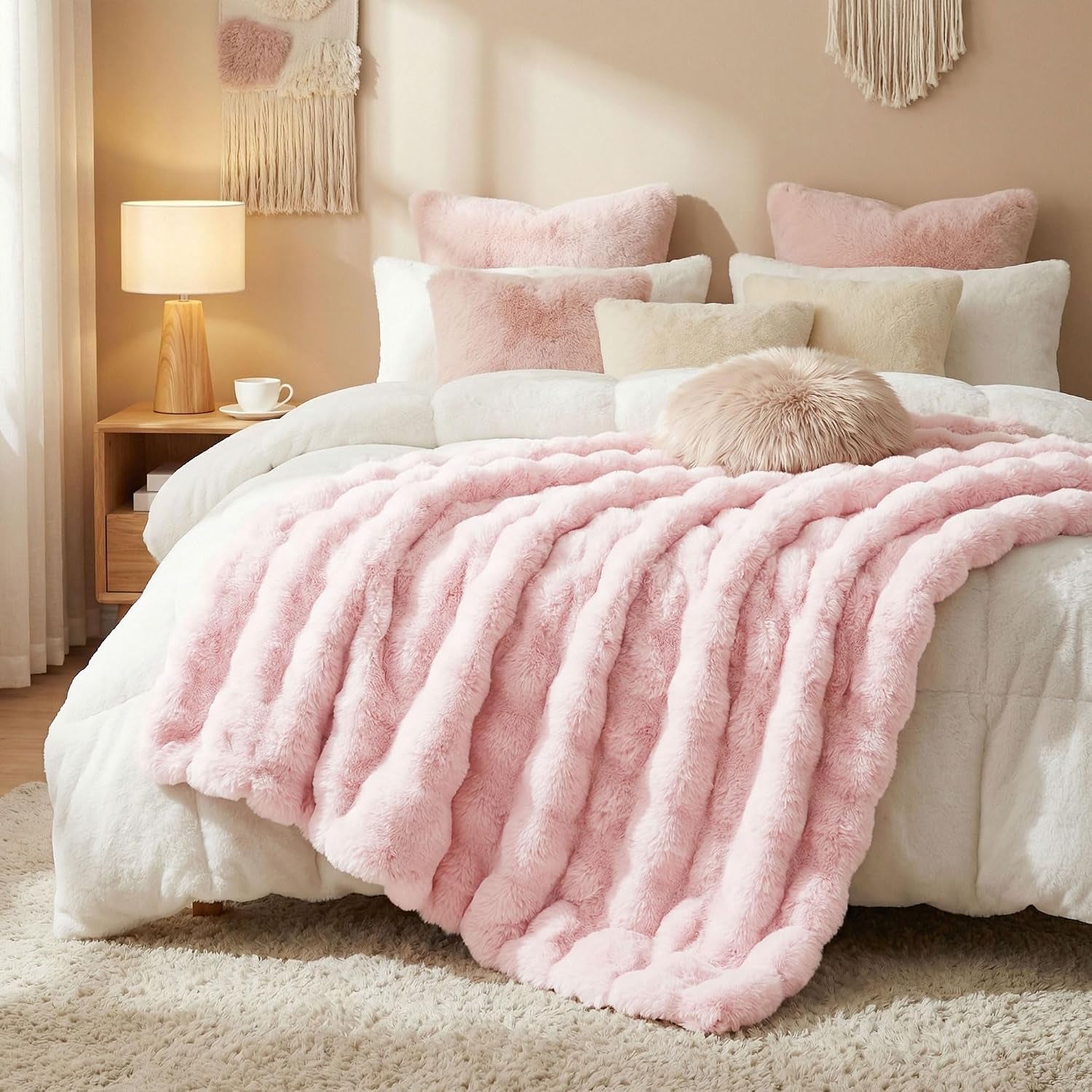 Solid Fall Bubble Faux Rabbit Fur Throw Blanket for Couch 50" X 60", Decorative Comfy Puffy Warm Fuzzy Blanket for Winter, Extra Thick Shaggy Cozy Comfy Fluffy Blankets for Adult Kids, Orange