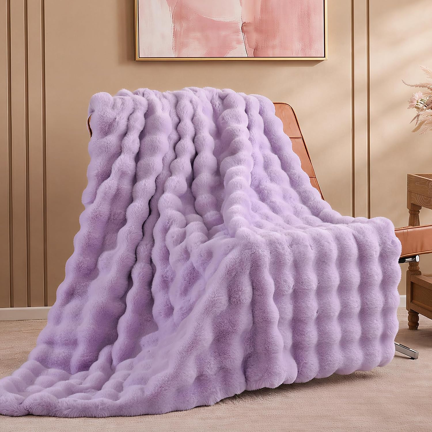 Faux Fur Fall Throw for Couch - Burnt Orange Bubble Blanket 50"X60" | Fluffy Plush Fuzzy Throw for Sofa & Bed, Super Soft Cozy Comfrt Blanket, Luxury Aesthetic Burnt Orange Decor Gift for Women