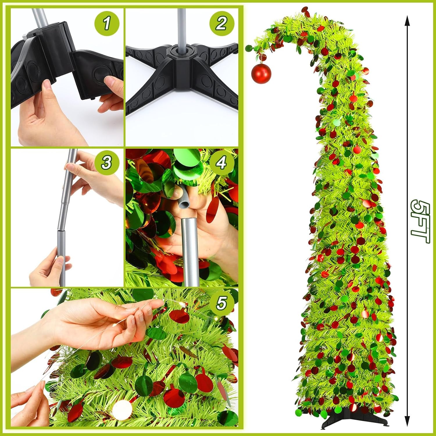 5 Ft Christmas Whimsical Pop up Curved Tree with 50 LED Light String Decorations Curved Plastic Tree Lime Green Purple Tinsel for Xmas Home, Apartment, Office(Green)