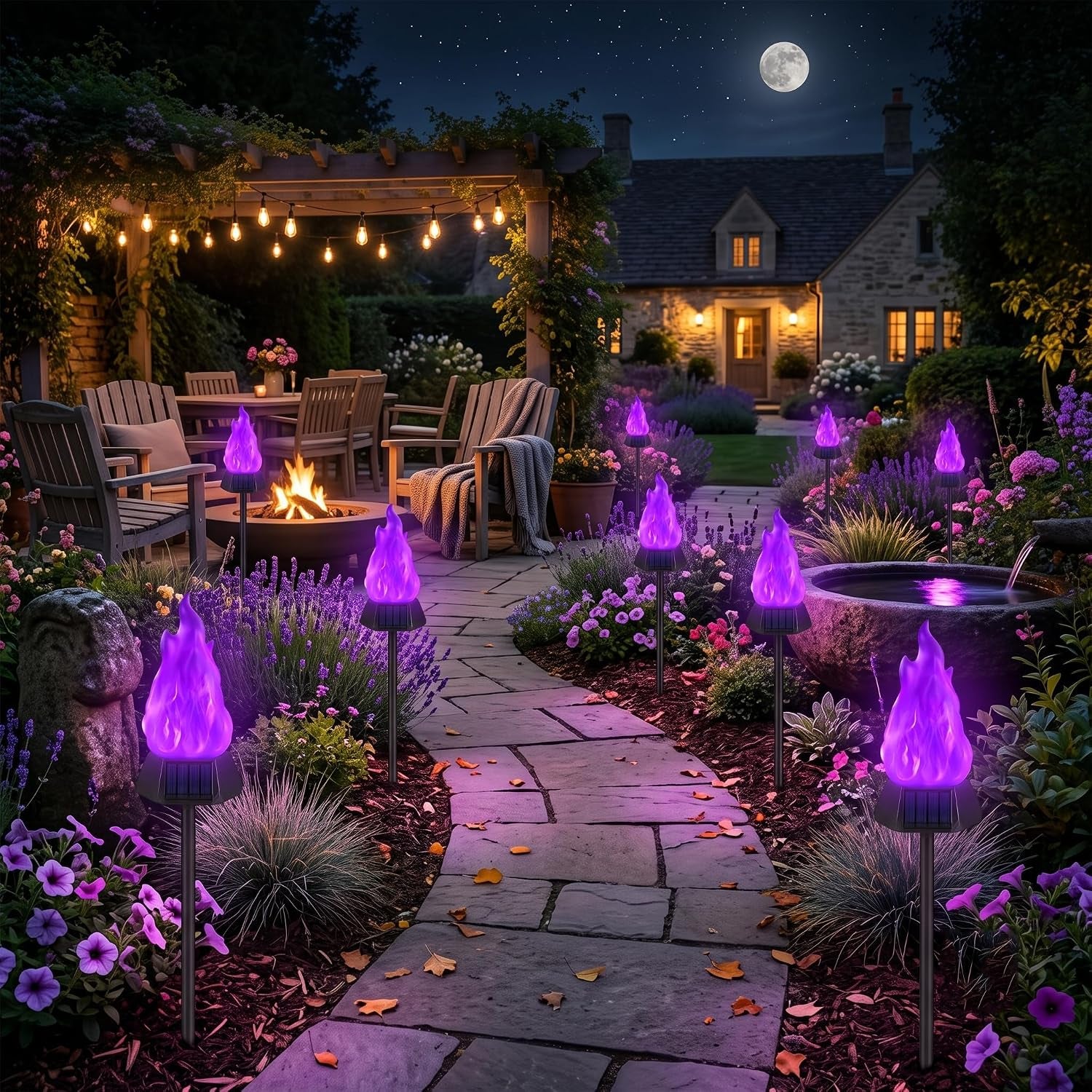 Solar Outdoor Torch Lights with Flickering Flame, 4 Pack Solar Pathway Decorative Lights, Waterproof LED Flame Torches for Outdoor Camping Garden Landscape Patio Path Yard Decorations - Purple