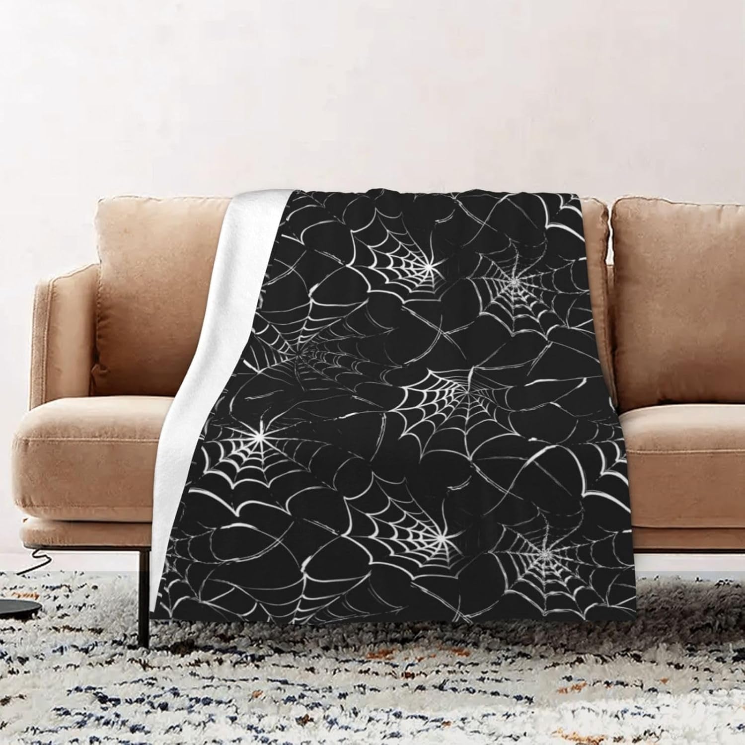 Gothic Spider Web Blanket Black Halloween Flannel Throw for Couch and Bed | Soft Flannel Blanket for Couch Bed and Haunted Mansion Use