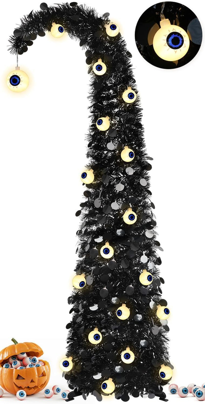 5FT Black Halloween Pop up Christmas Tree with Eyeball String Lights | Whimsical Curved Tinsel Tree, 30 Warm White Eyeball Lights, 6H Timer, Foldable Design; Apartment, Porch, Party, XMAS Decor