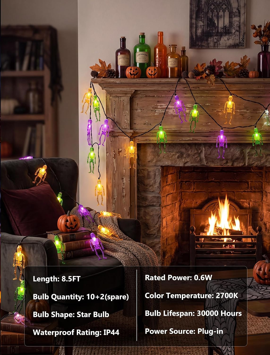 8.5FT 10 LED Outdoor Halloween Skeleton String Lights Plug In, Waterproof | Connectable, Hanging Multicolor Halloween Skull Lights UL Listed for Indoor Backyard, Patio, Porch, Party Decor, Black Wire