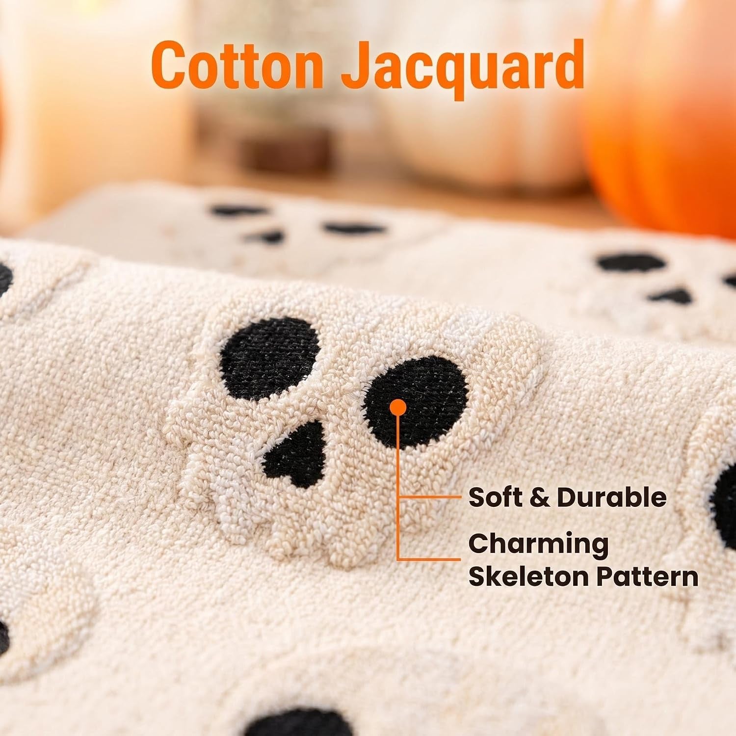 2 Pack Halloween Hand Towels 100% Cotton Jacquard Skeleton Halloween Kitchen Towels White Bathroom Towels Set Seasonal Bathroom Decor(Beige Skeleton, Halloween)