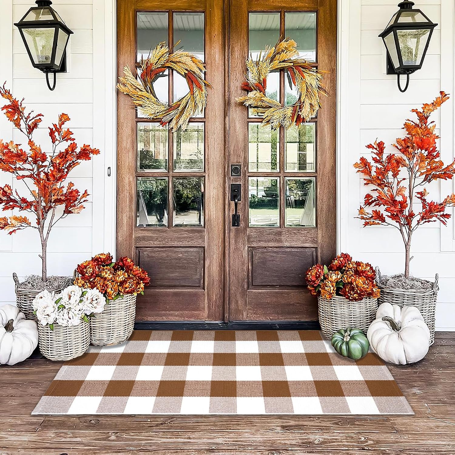 Orange and White Plaid Rug, 3' X 5' Fall Front Door Decor Mat, Cotton Washable Hand-Woven Door Mat for Layered Doormat, Autumn Halloween Thanksgiving Carpet for Porch, Entryway