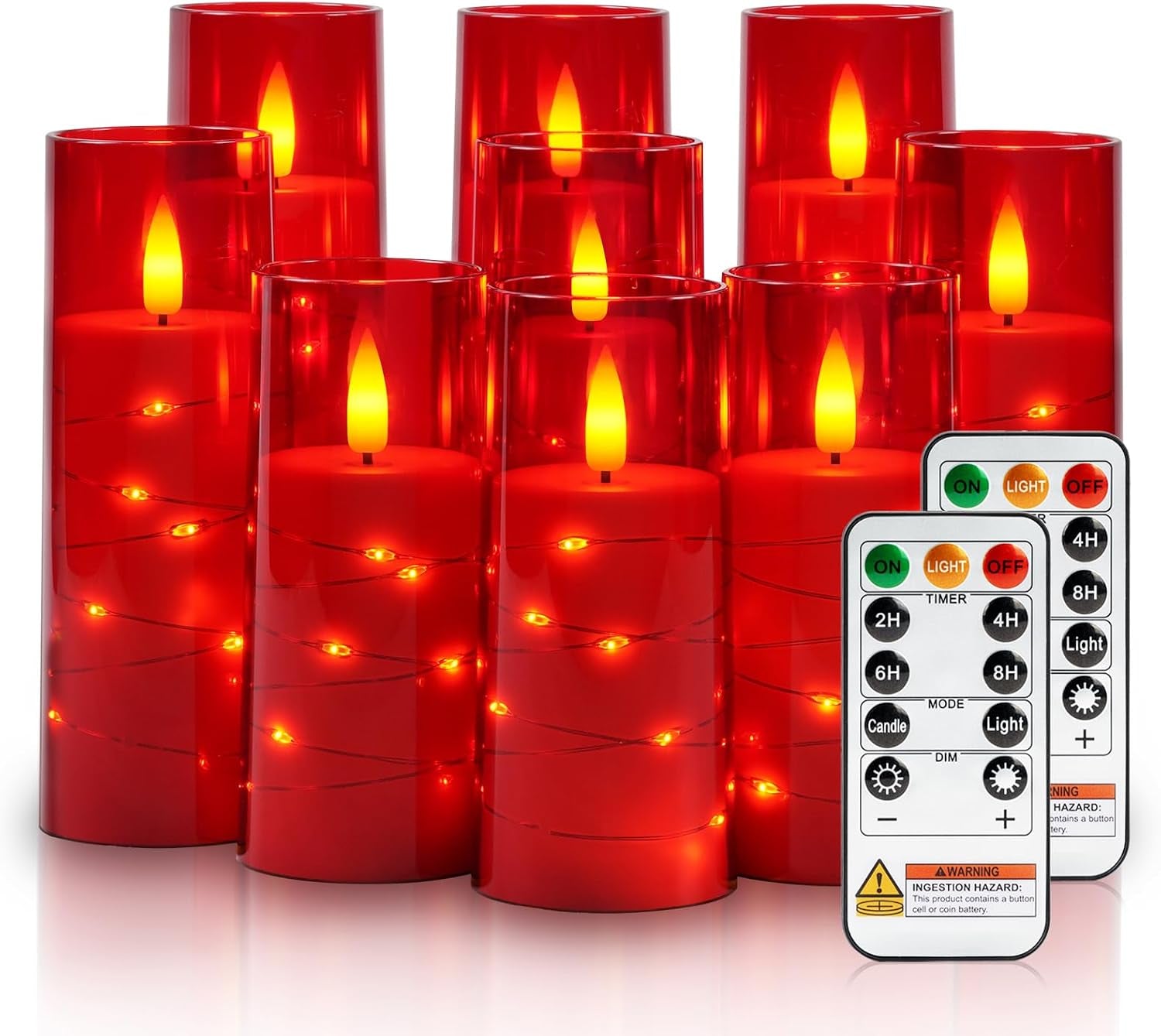 Flameless Candle with Remote Timer – 9 Flickering Acrylic Battery Operated LED Pillar Candles with Embedded Star String for Halloween, Home Decor, and as a Gift (Orange)