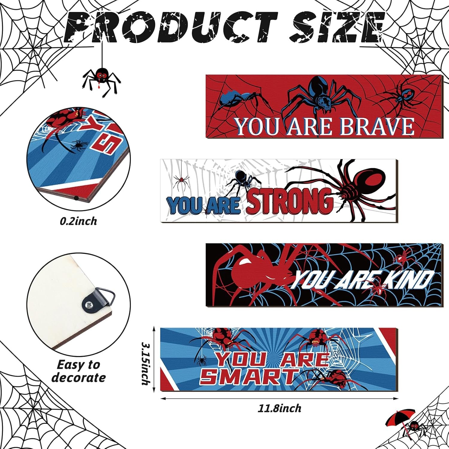 4 Pcs Spider Room Decor Bedroom Boys Wall Decor Inspirational Wall Decoration Wooden Art Prints for Boys Kids Children Home Indoor Decoration Toddler Room Sign Birthday Gifts