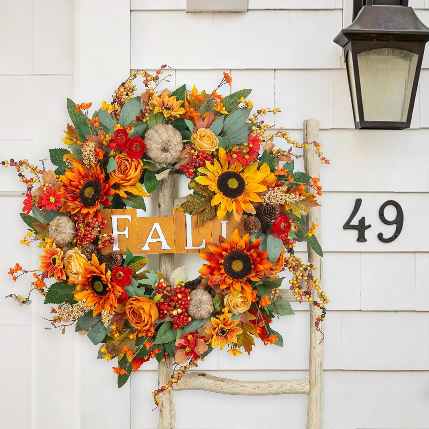 24 Inch Fall Wreaths for Front Door Autumn Wreath with Fall Sign | Fall Door Wreath with Sunflowers, Roses, Burlap Pumpkins, Pinecones, Fall Wreath for Outdoor Wreaths for Front Door