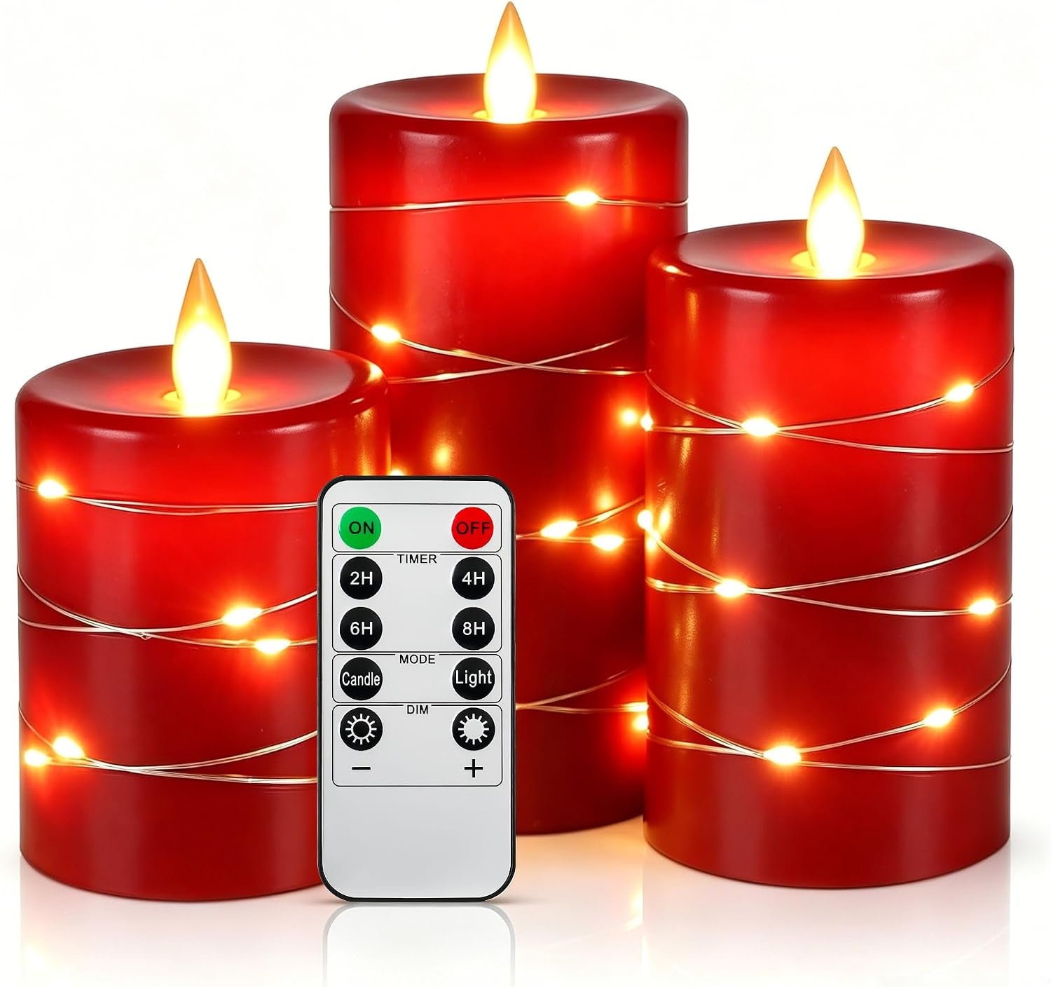 5 Pack Red Real Wax Flameless Taper Candles, Lifelike Flickering LED Candles with Copper String Lights, Battery Operated Candles with Remote for Holiday Wedding Home Decor