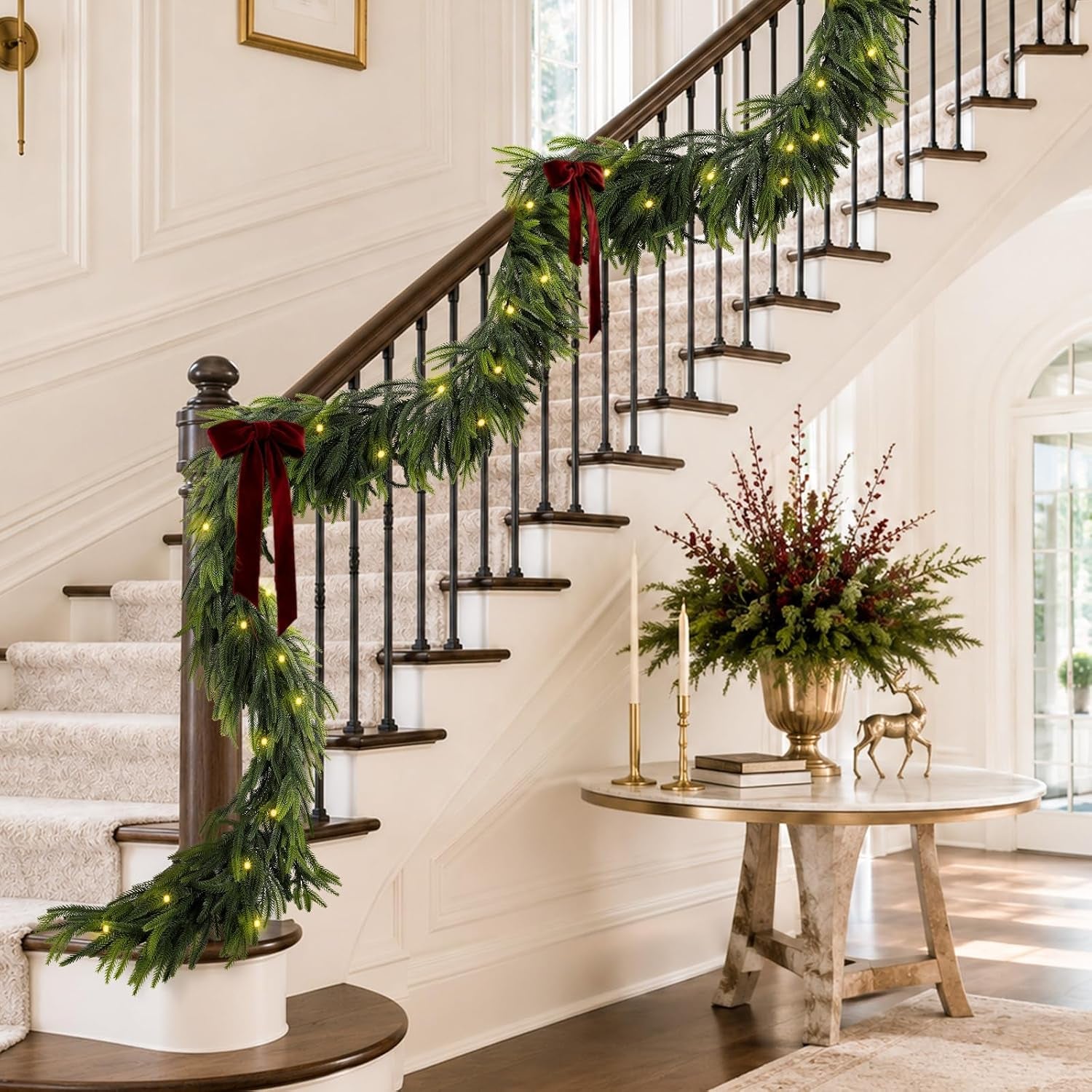 9FT Christmas Norfolk Pine Pre-Lit Garland with 70 LED Lights Real Touch Prelit Garland Christmas Greenery Garlands for Table Mantle Fireplace Stairs Indoor Outdoor Xmas Decorations
